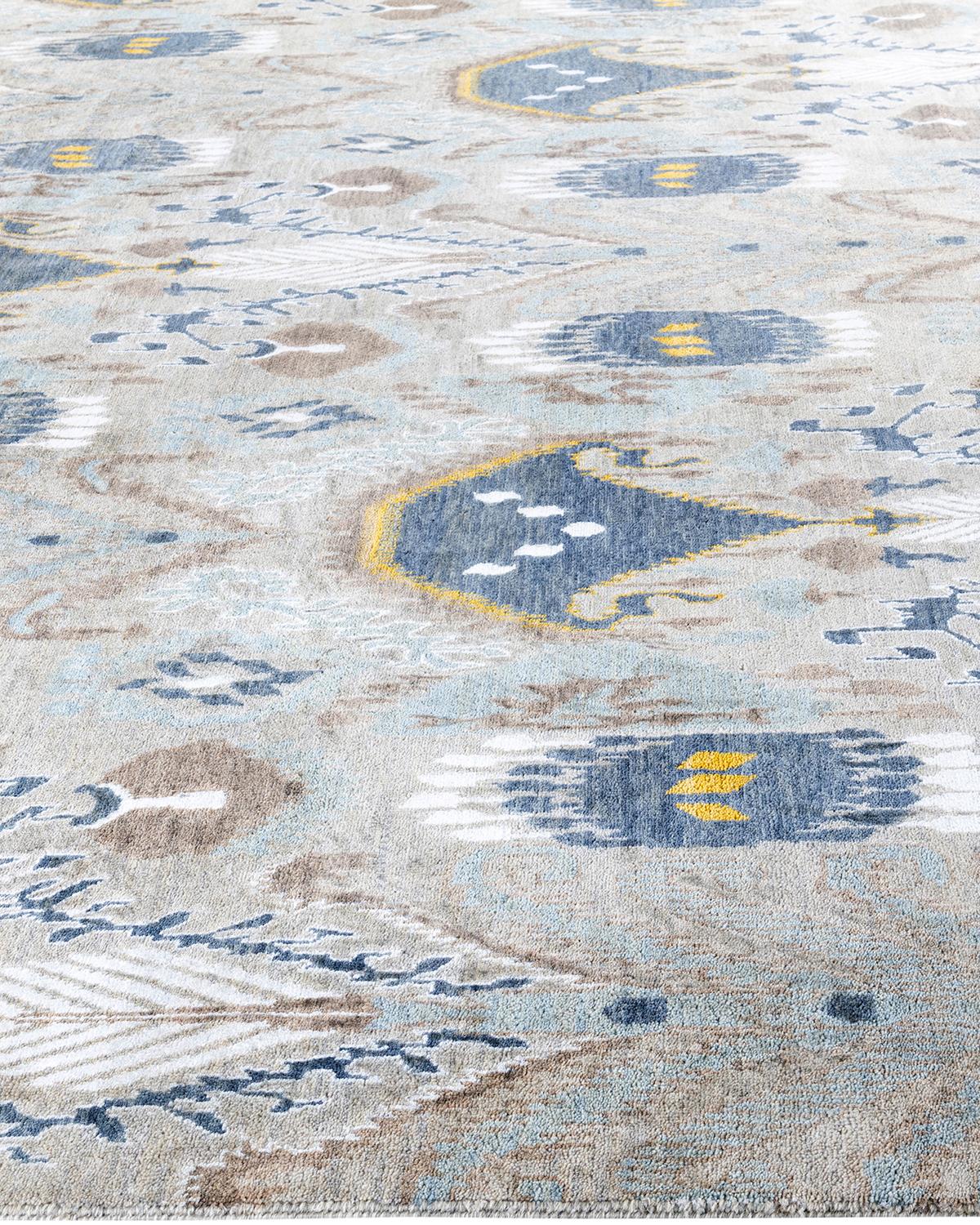 Traditioneller handgeknüpfter, geblümter Ikat-Teppich aus Seide und Wolle in Grau 9' 2