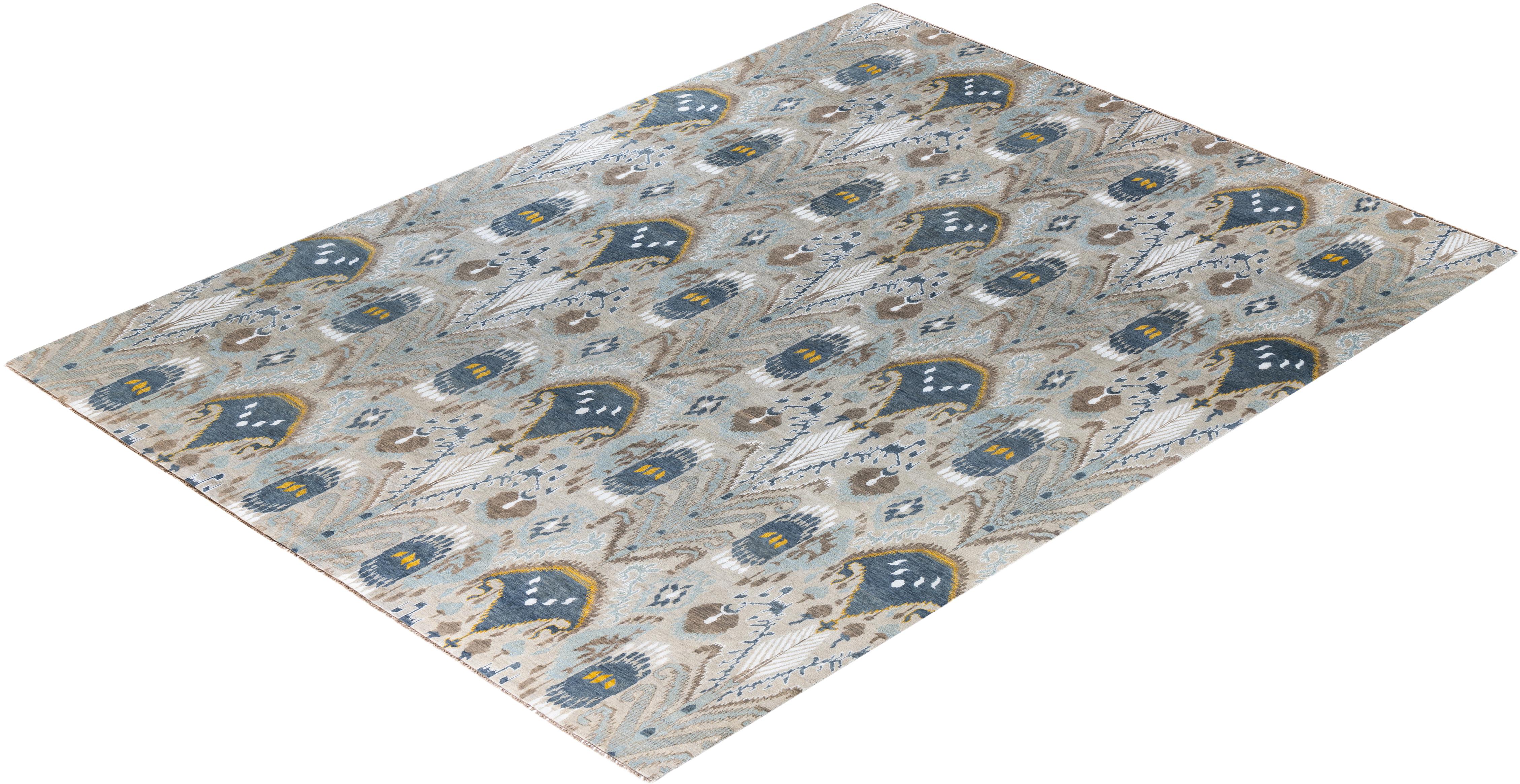 Traditioneller handgeknüpfter, geblümter Ikat-Teppich aus Seide und Wolle in Grau 9' 2