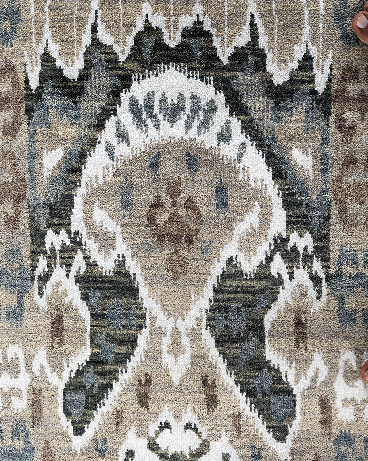 Indiano Tappeto tradizionale Ikat annodato a mano in seta floreale e lana grigio  9' 3