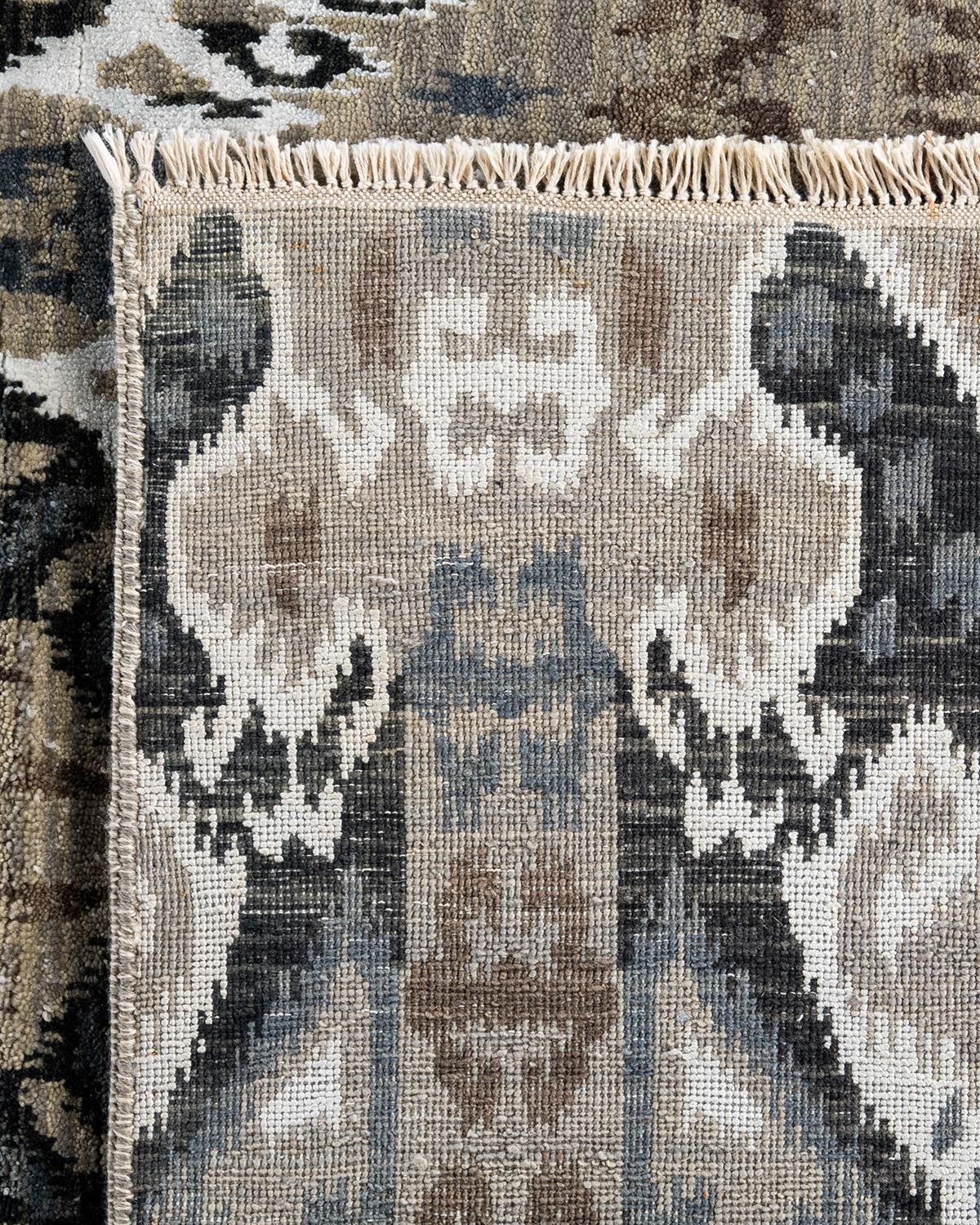 Tappeto tradizionale Ikat annodato a mano in seta floreale e lana grigio  9' 3