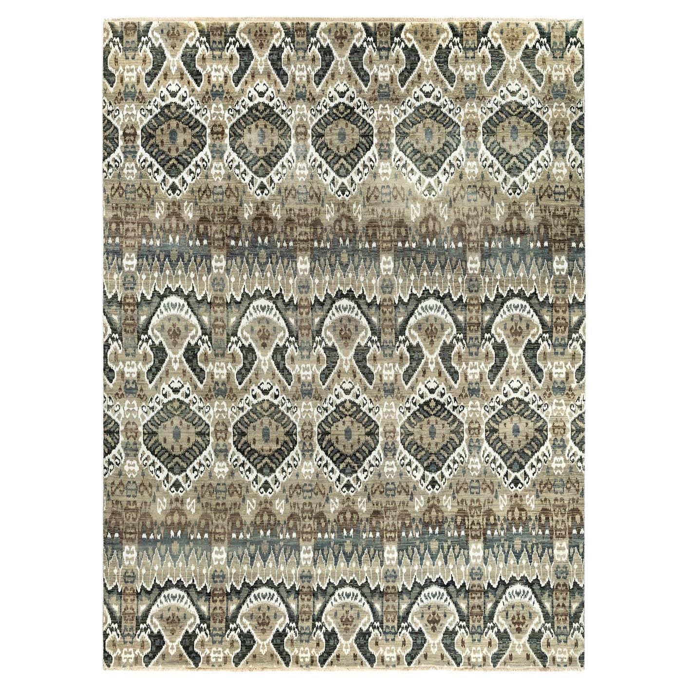 Traditional Ikat Hand Knotted Floral Silk & Wool Gray Area Rug  9' 3" x 12' 3"