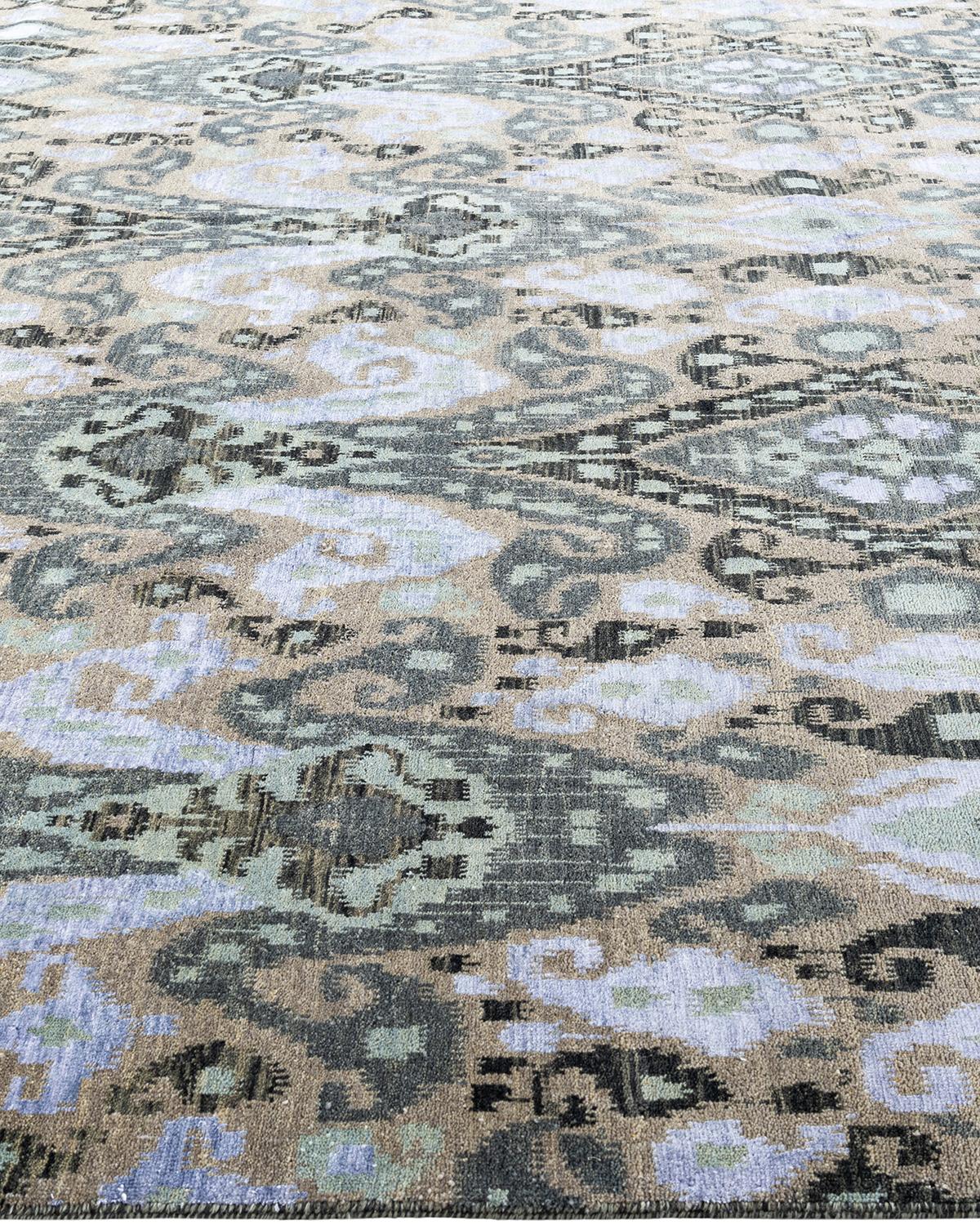 Traditioneller handgeknüpfter, geblümter Ikat-Teppich aus Seide und Wolle in Grün 9' 1
