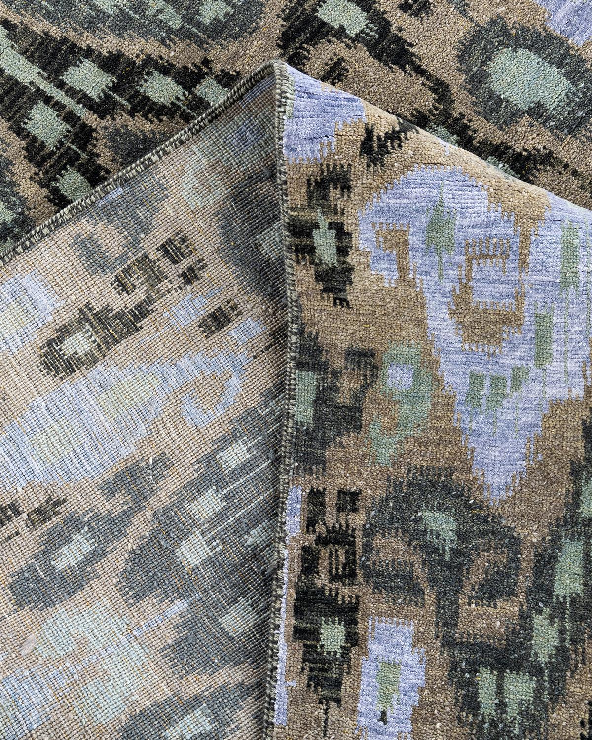 Traditioneller handgeknüpfter, geblümter Ikat-Teppich aus Seide und Wolle in Grün 9' 1