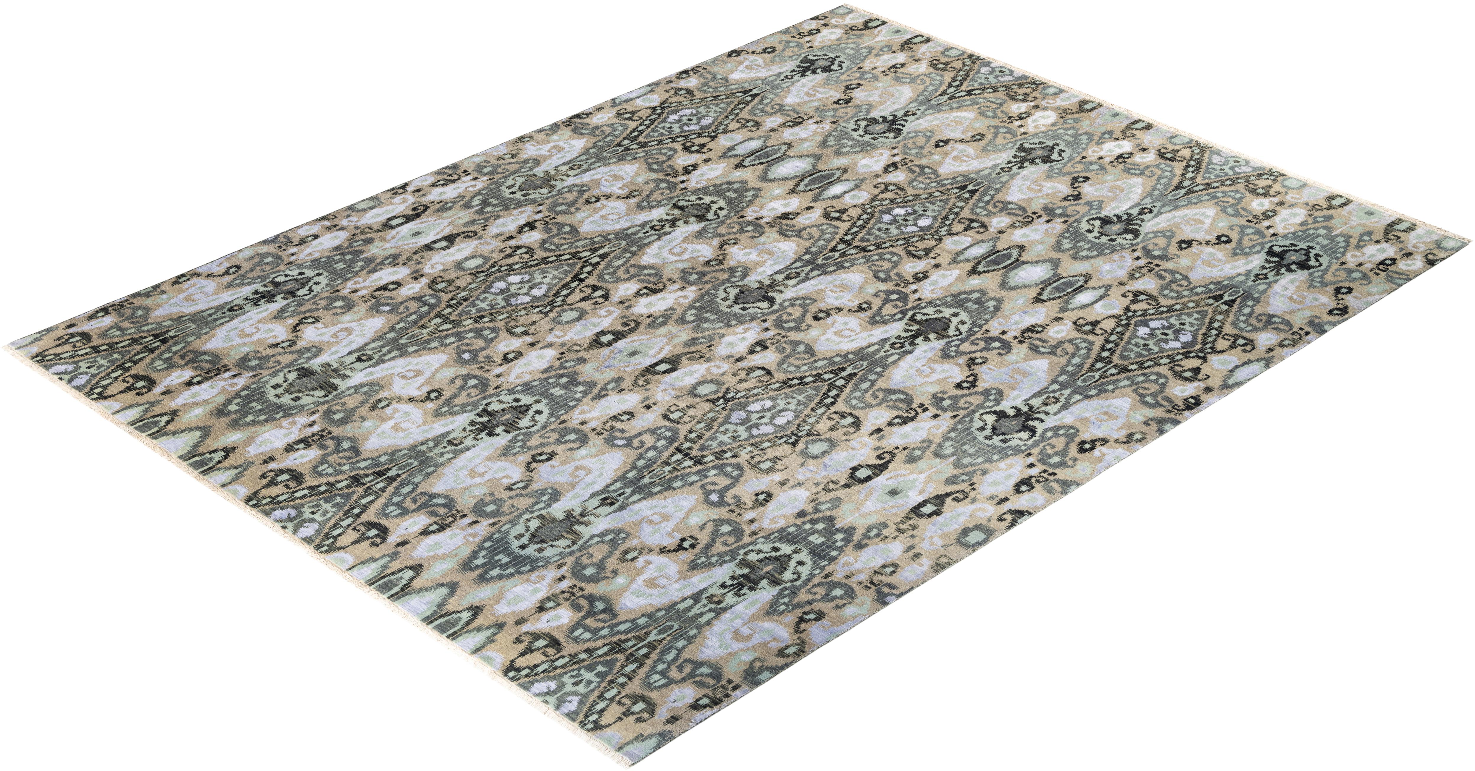 Traditioneller handgeknüpfter, geblümter Ikat-Teppich aus Seide und Wolle in Grün 9' 1