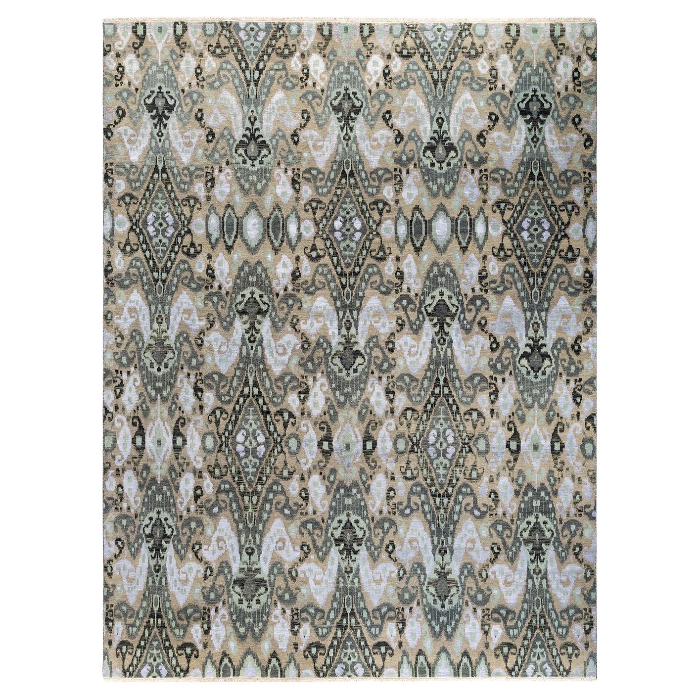 Traditional Ikat Hand Knotted Floral Silk & Wool Green Area Rug 9' 1" x 12' 2"