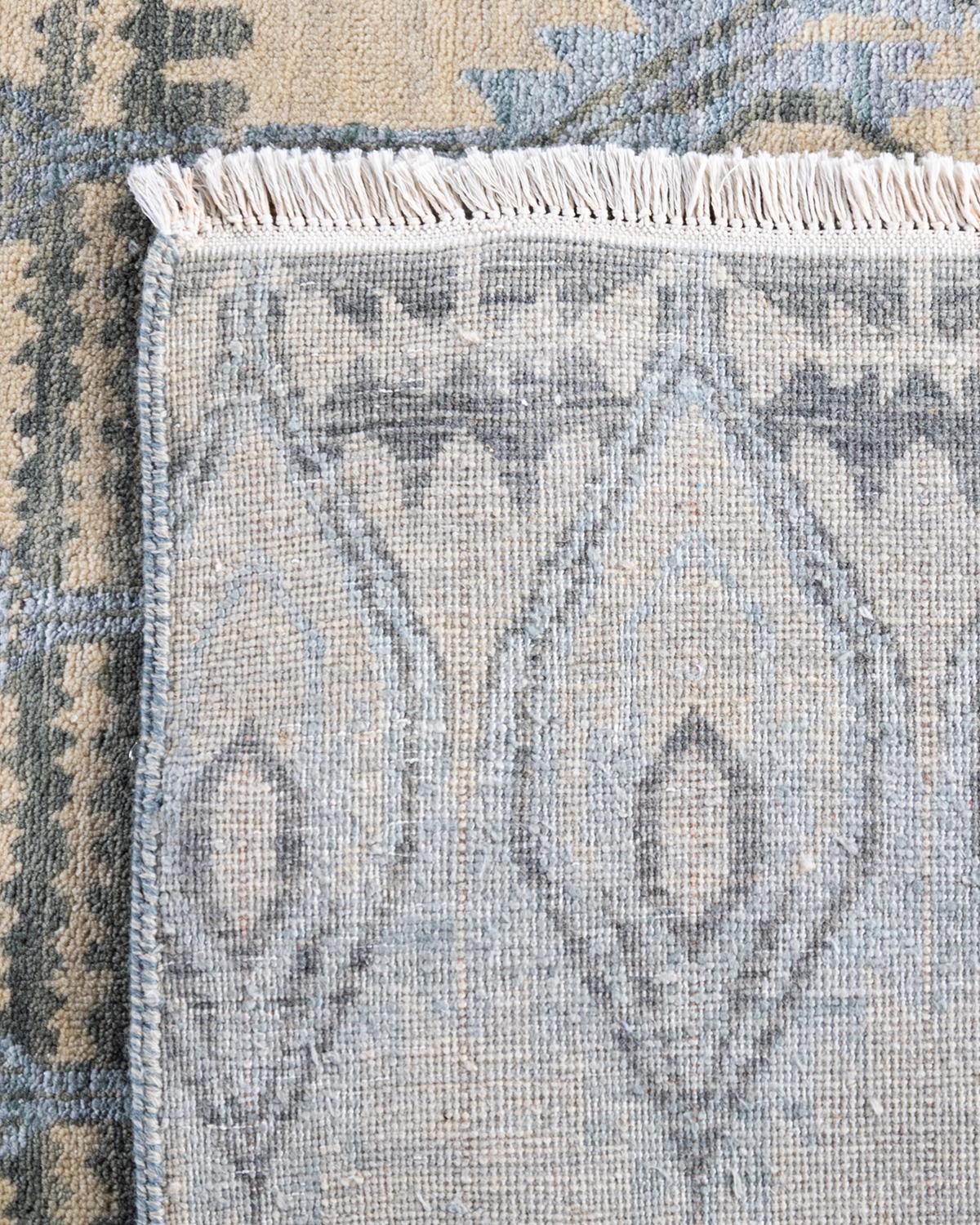 Tappeto tradizionale Ikat annodato a mano in seta e lana avorio 8' 1