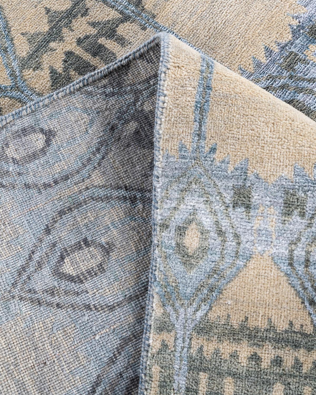 XXI secolo e contemporaneo Tappeto tradizionale Ikat annodato a mano in seta e lana avorio 8' 1