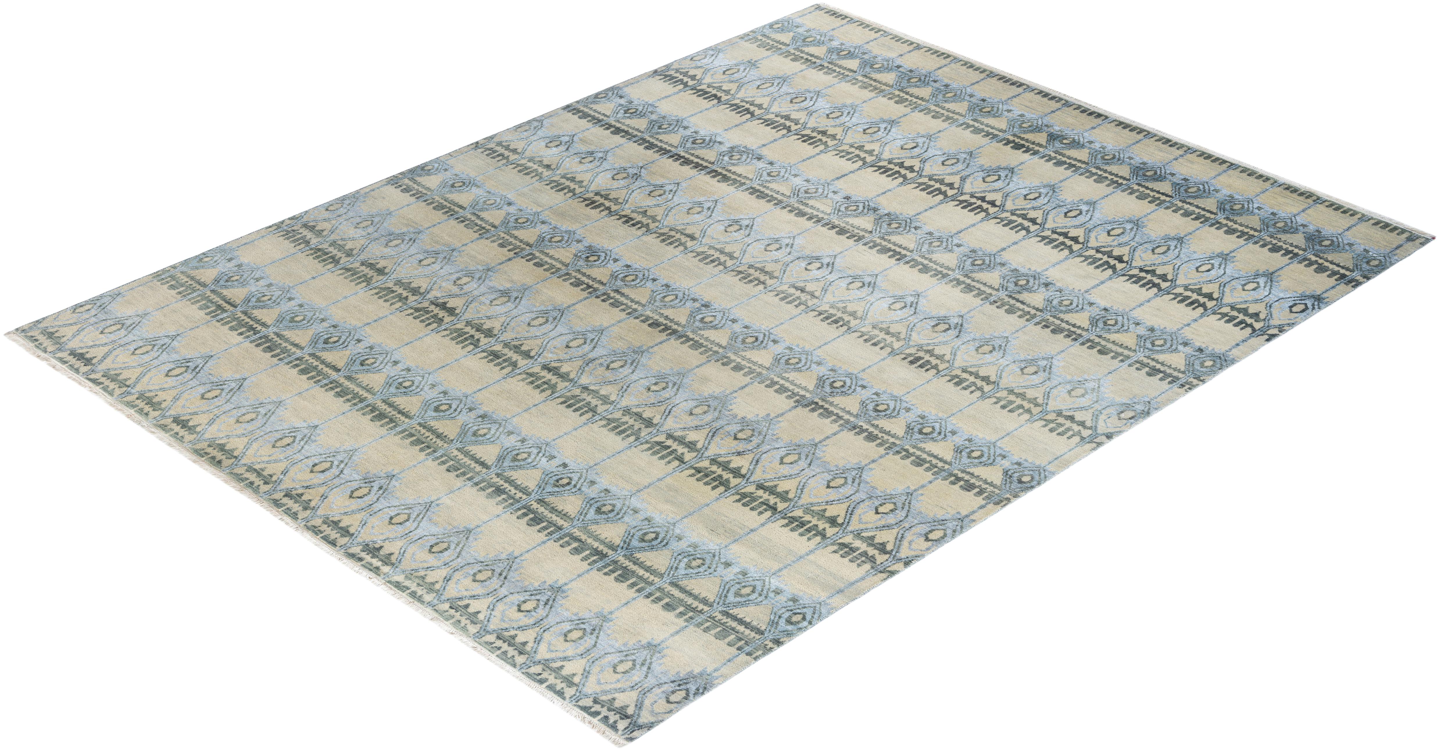 Tappeto tradizionale Ikat annodato a mano in seta e lana avorio 8' 1