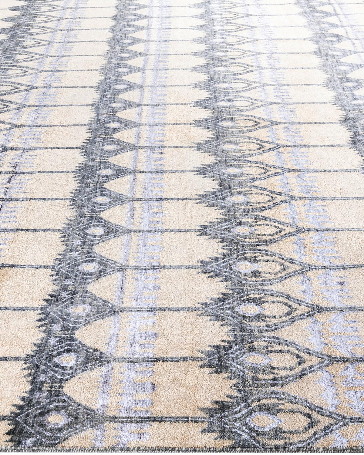 Annodato a mano Tappeto tradizionale Ikat annodato a mano in seta e lana avorio 9' 0