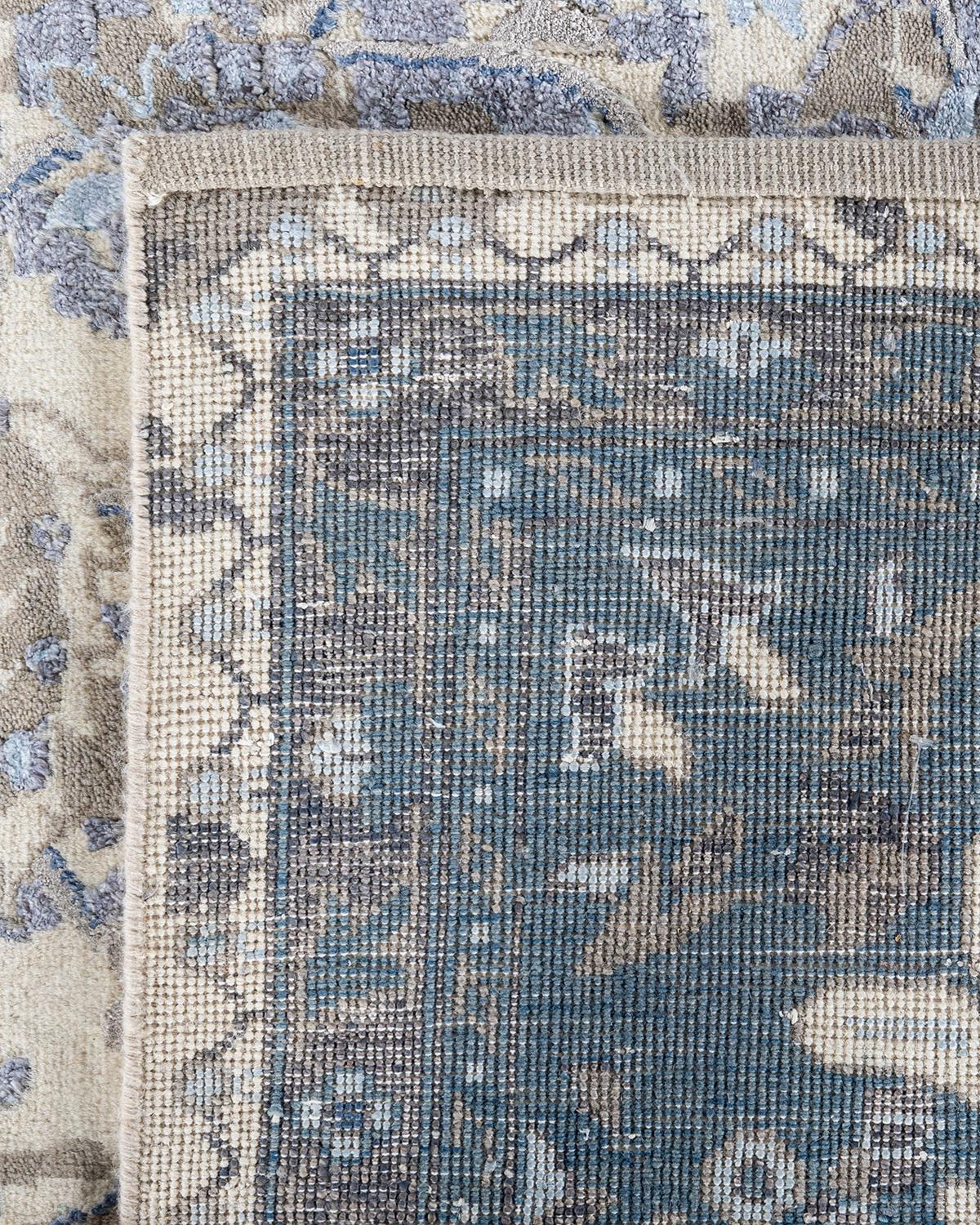 Tappeto tradizionale Ikat annodato a mano in seta e lana avorio 9' 0