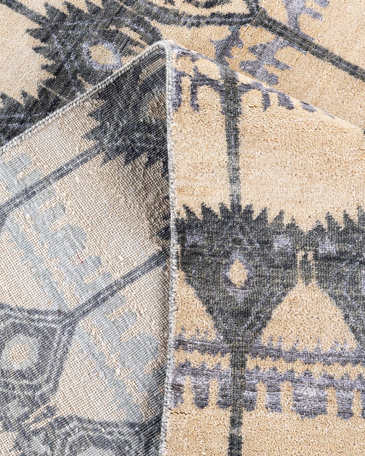 XXI secolo e contemporaneo Tappeto tradizionale Ikat annodato a mano in seta e lana avorio 9' 0