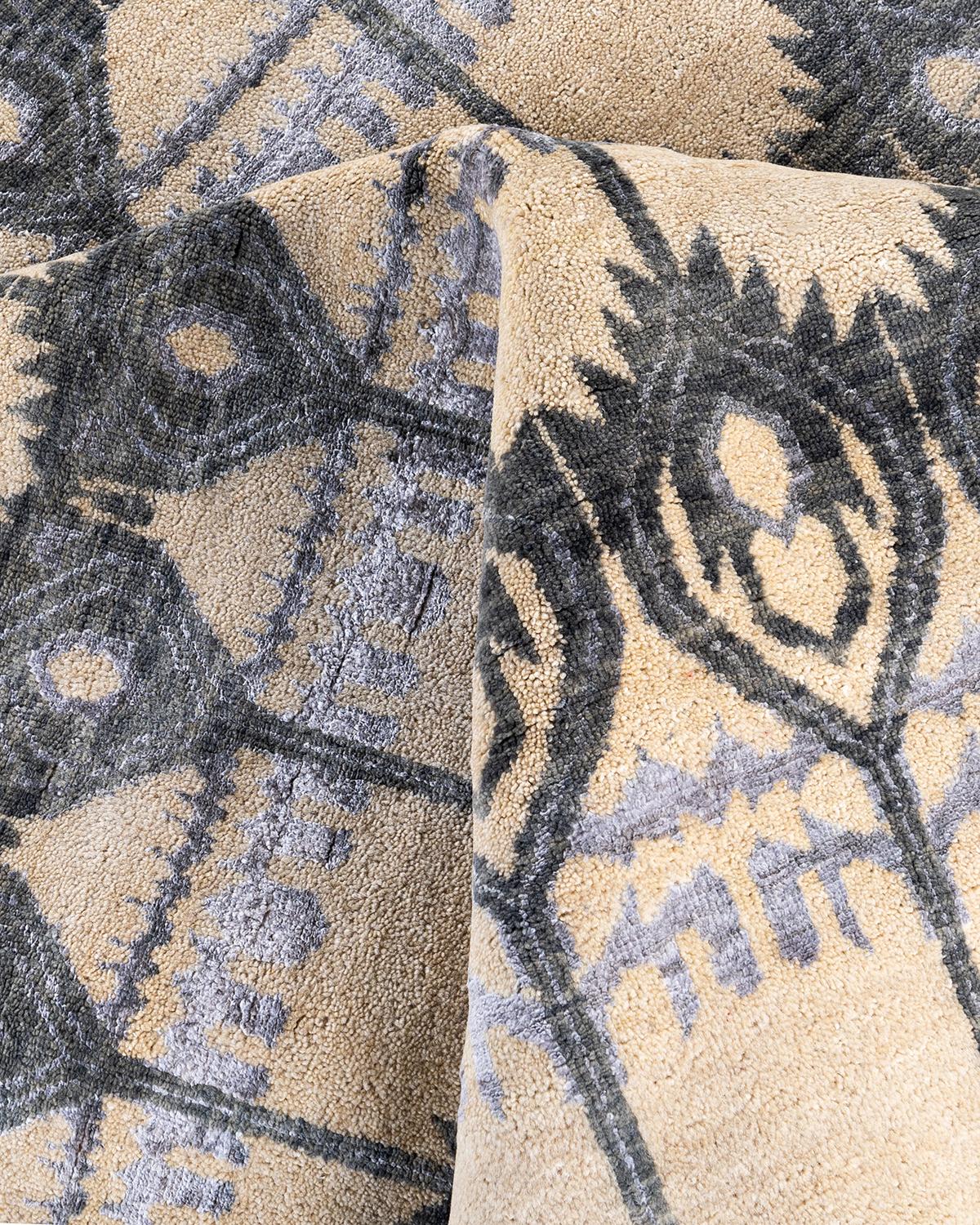 Lana Tappeto tradizionale Ikat annodato a mano in seta e lana avorio 9' 0