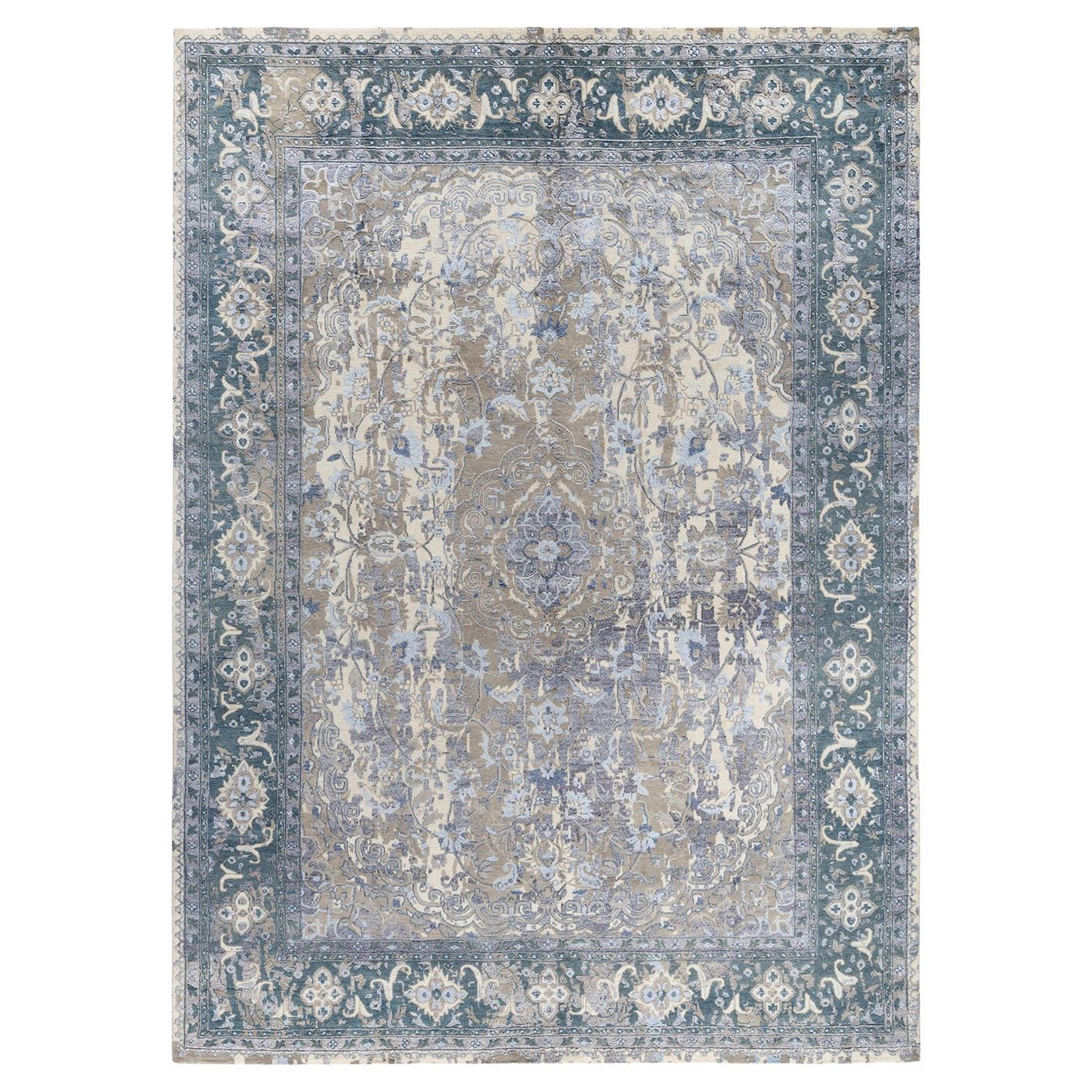 Traditional Ikat Hand Knotted Floral Silk & Wool Ivory Area Rug 9' 0" x 12' 0"