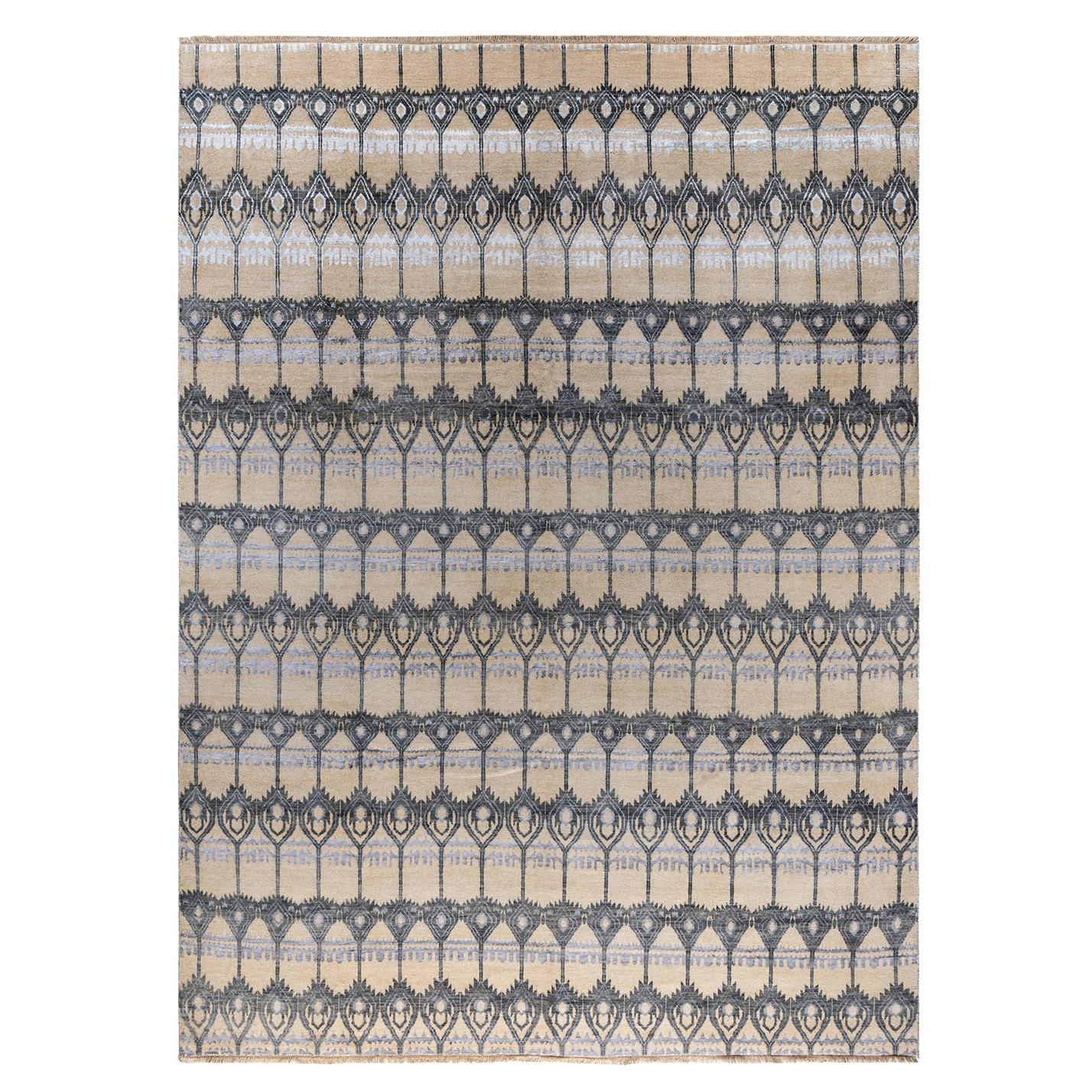 Traditional Ikat Hand Knotted Floral Silk & Wool Ivory Area Rug 9' 0" x 12' 0"
