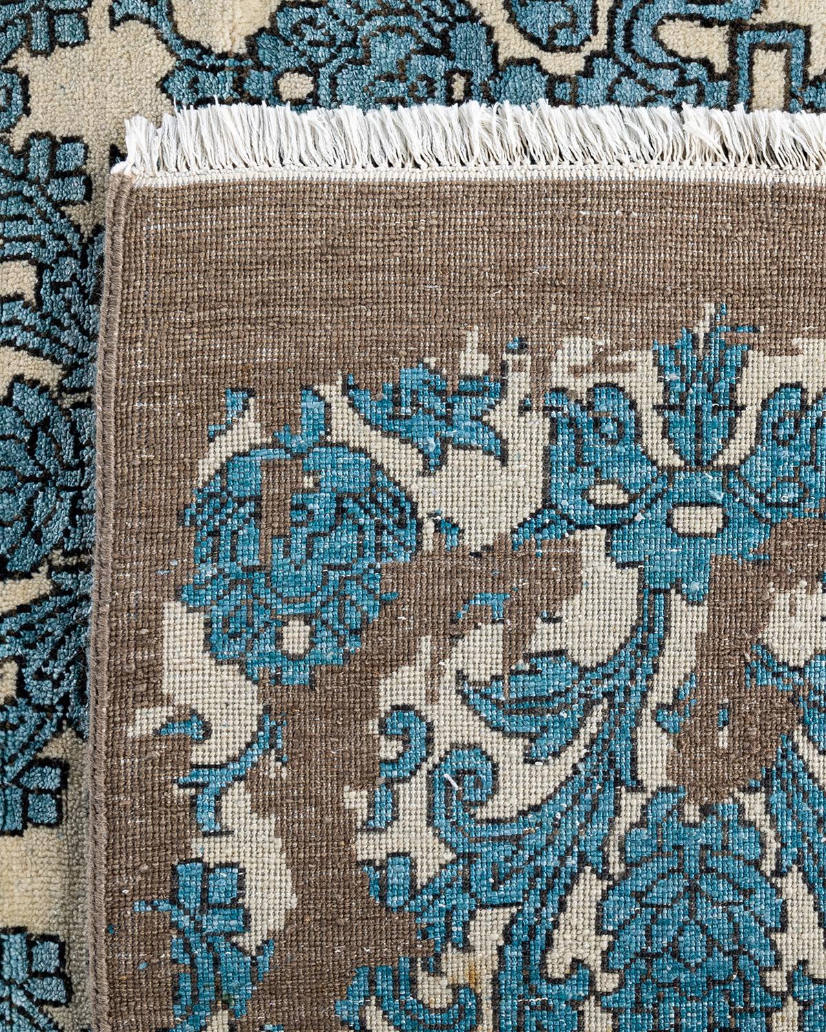 Tappeto tradizionale Ikat annodato a mano in seta e lana avorio 9' 2