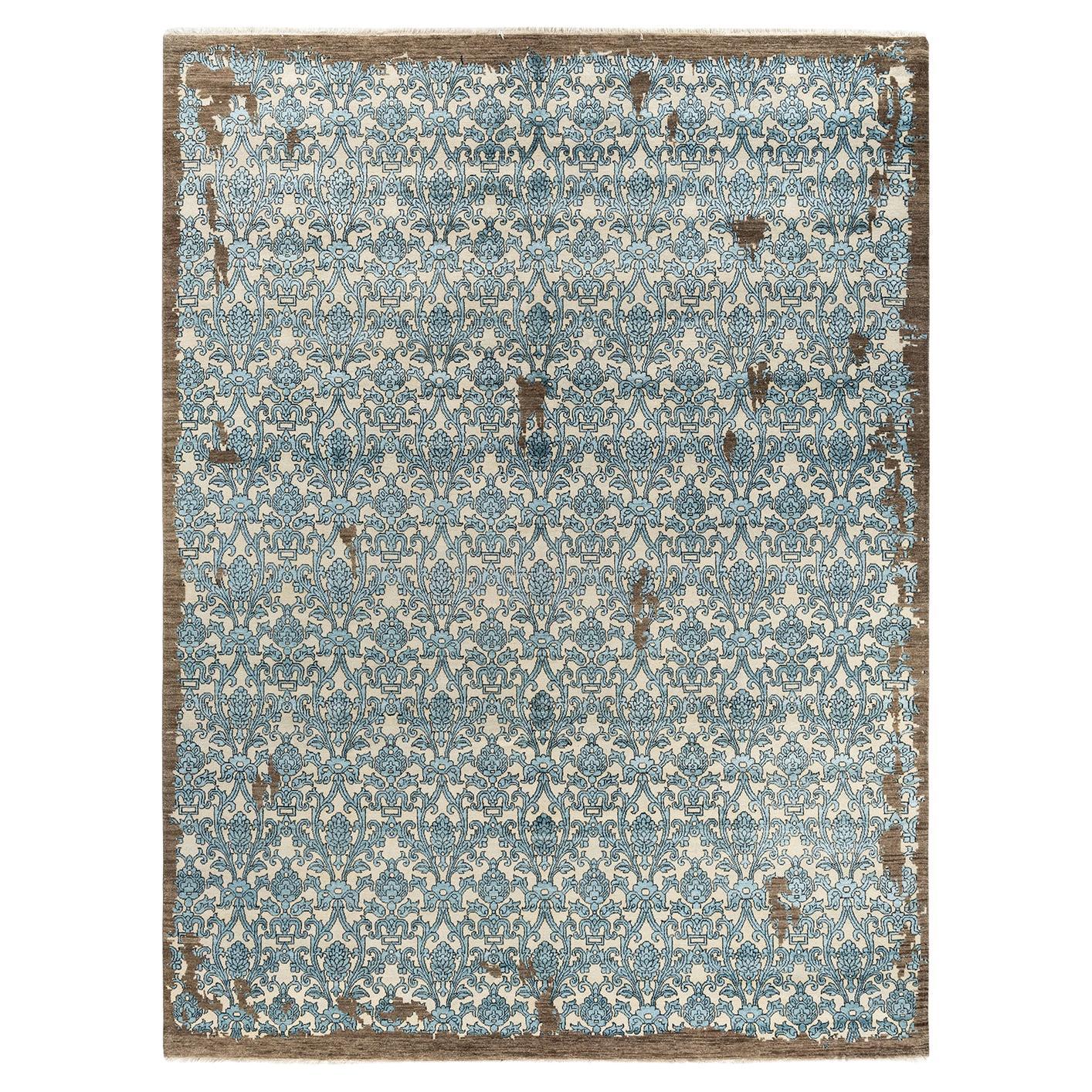 Traditional Ikat Hand Knotted Floral Silk & Wool Ivory Area Rug 9' 2" x 12' 1"