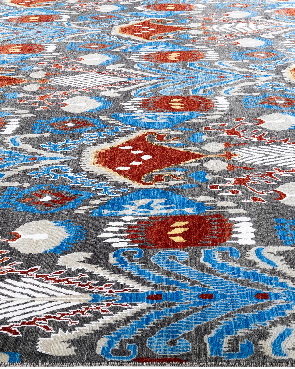 Annodato a mano Tappeto tradizionale Ikat annodato a mano in seta floreale e lana Rust 9' 0