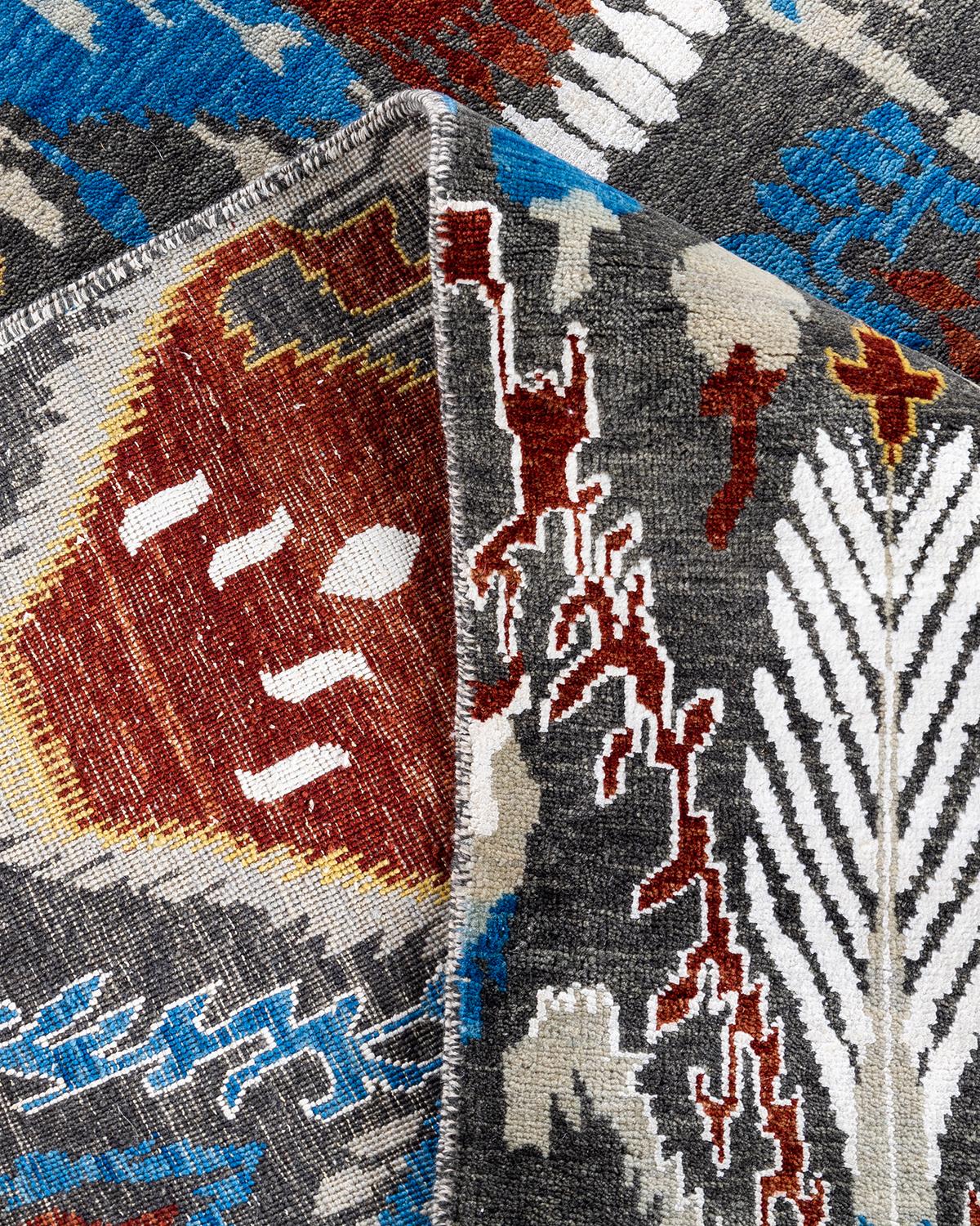 XXI secolo e contemporaneo Tappeto tradizionale Ikat annodato a mano in seta floreale e lana Rust 9' 0
