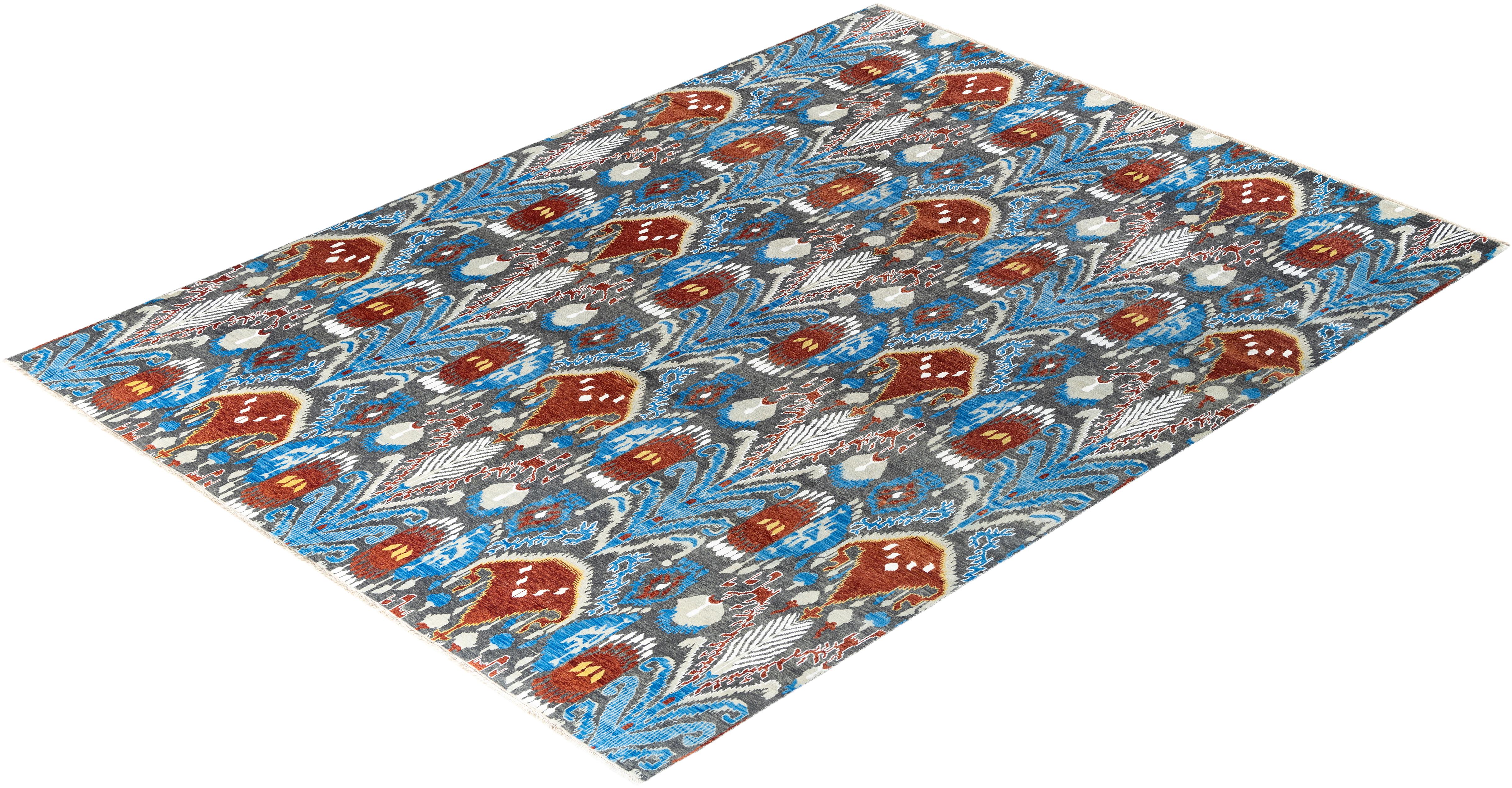 Tappeto tradizionale Ikat annodato a mano in seta floreale e lana Rust 9' 0