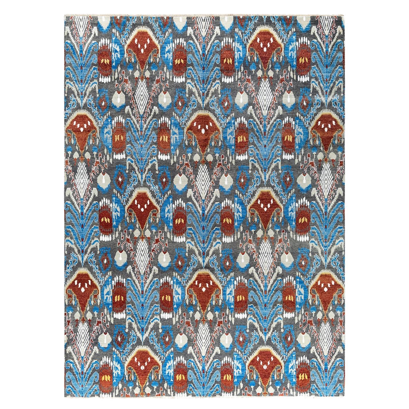 Traditioneller handgeknüpfter, geblümter Ikat-Teppich aus Seide und Wolle in Rost 9' 0" x 12' 0"