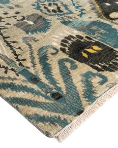 Traditional Ikat Hand Knotted Floral Silk & Wool Sand Area Rug 9' 0" x 12' 5"