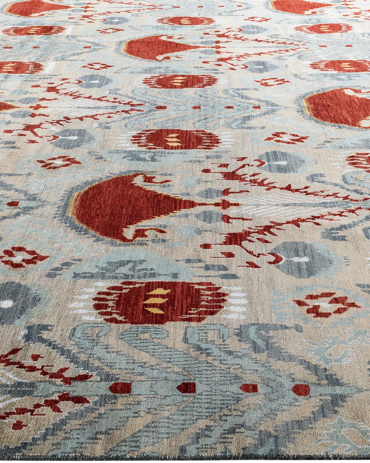 Hand-Knotted Traditional Ikat Hand Knotted Floral Silk & Wool Sand Area Rug 9' 1