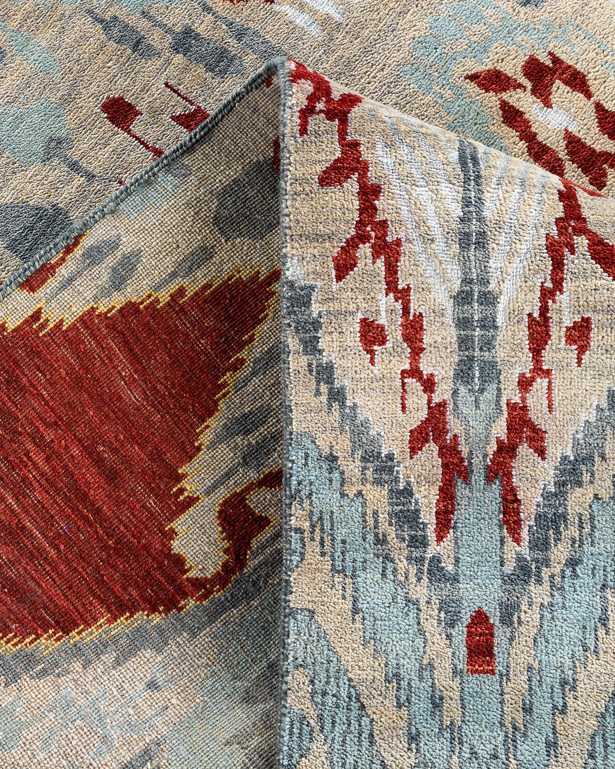 Contemporary Traditional Ikat Hand Knotted Floral Silk & Wool Sand Area Rug 9' 1