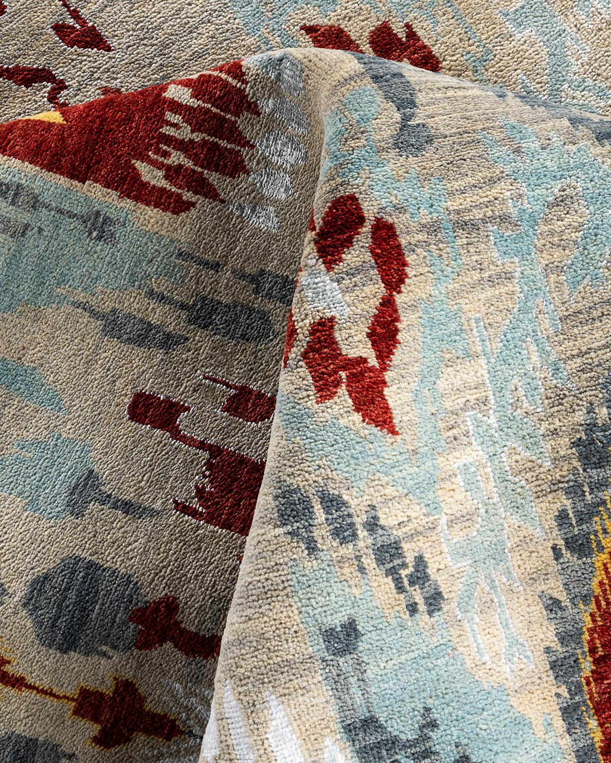 Traditional Ikat Hand Knotted Floral Silk & Wool Sand Area Rug 9' 1