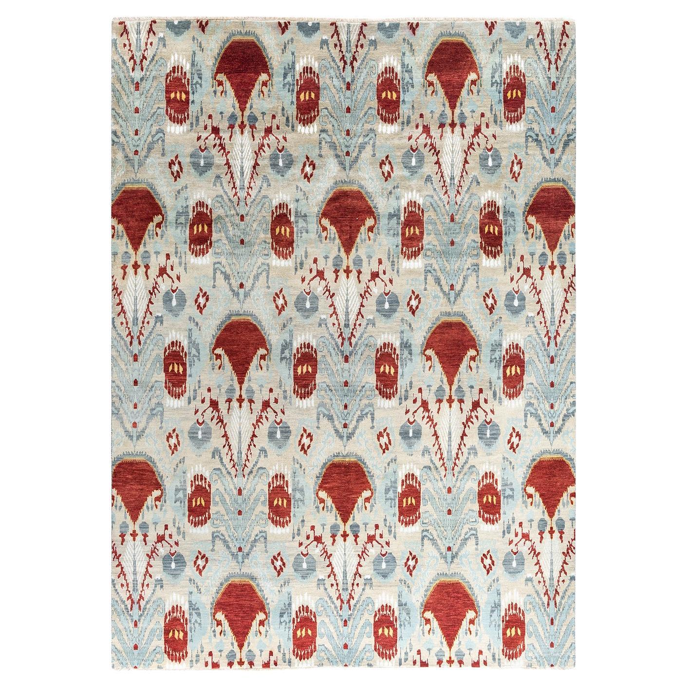 Traditional Ikat Hand Knotted Floral Silk & Wool Sand Area Rug 9' 1" x 12' 1"