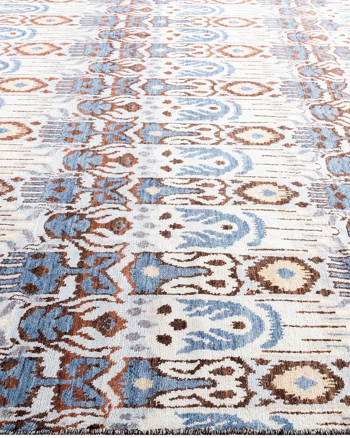 Tappeto tradizionale Ikat Annodato a mano in lana floreale Beige 7' 10
