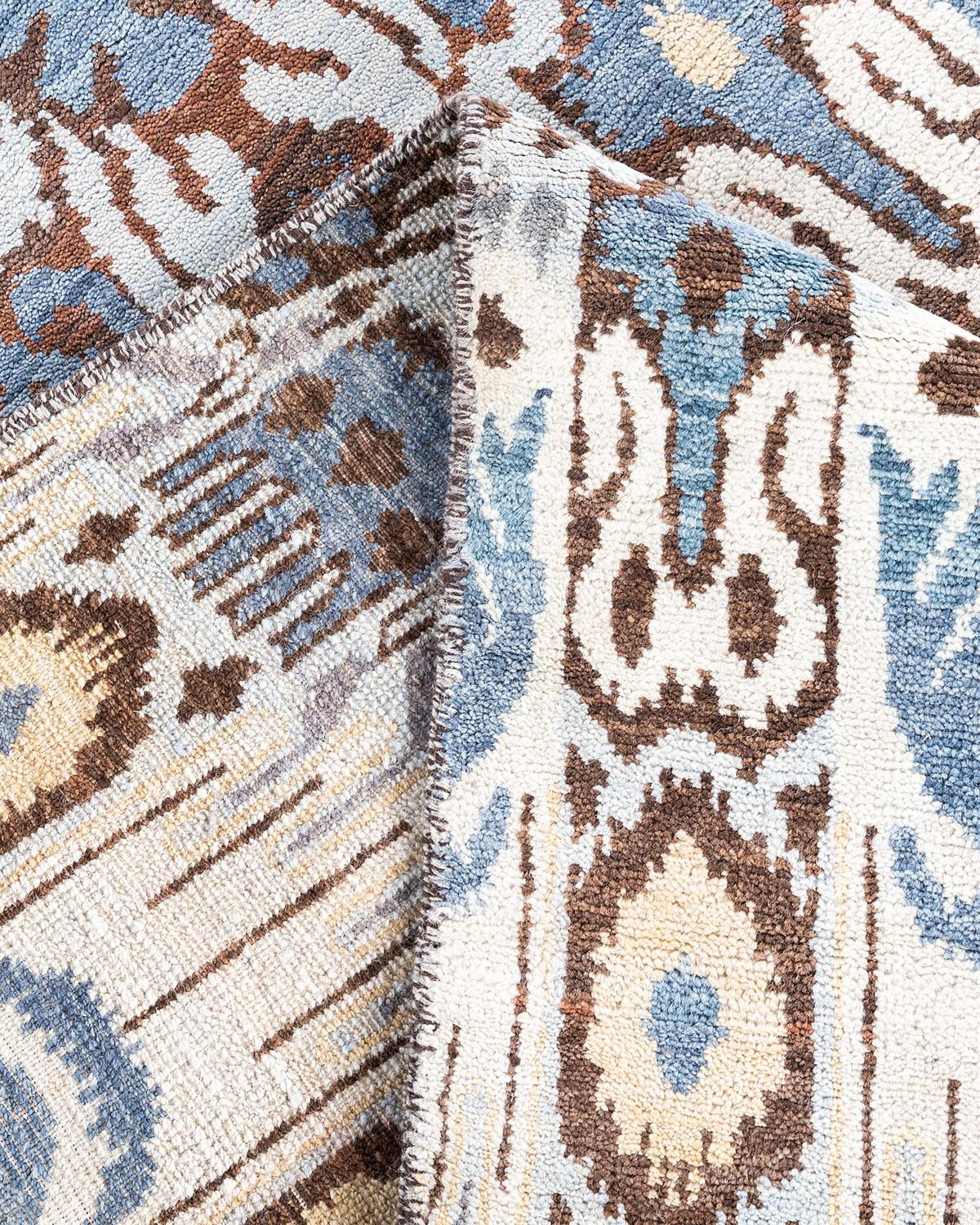 Lana Tappeto tradizionale Ikat Annodato a mano in lana floreale Beige 7' 10