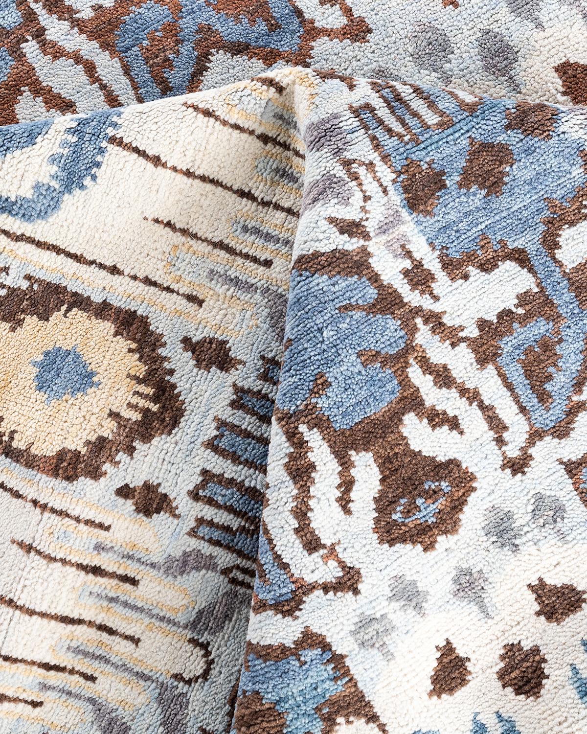 Tappeto tradizionale Ikat Annodato a mano in lana floreale Beige 7' 10