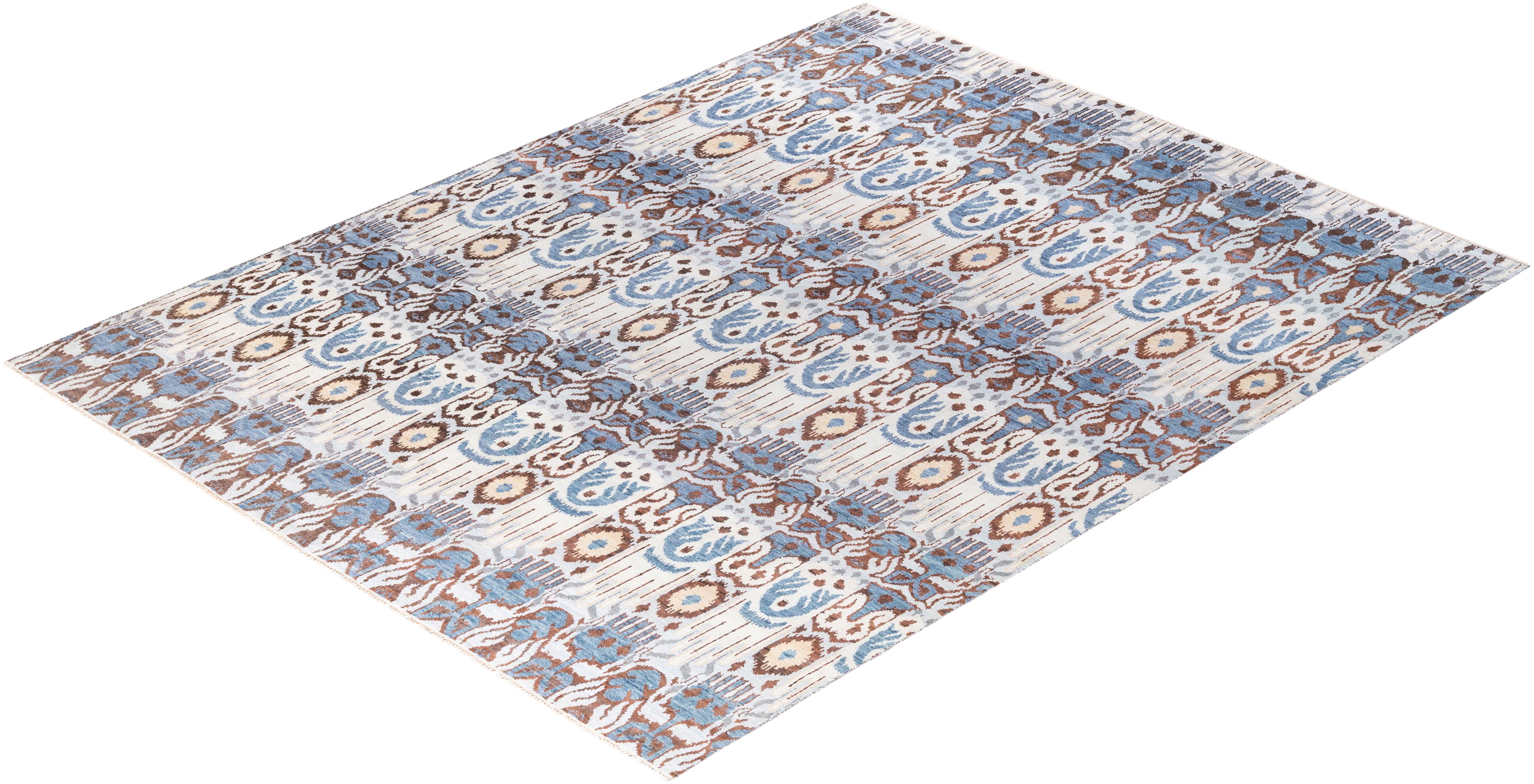 Tappeto tradizionale Ikat Annodato a mano in lana floreale Beige 7' 10