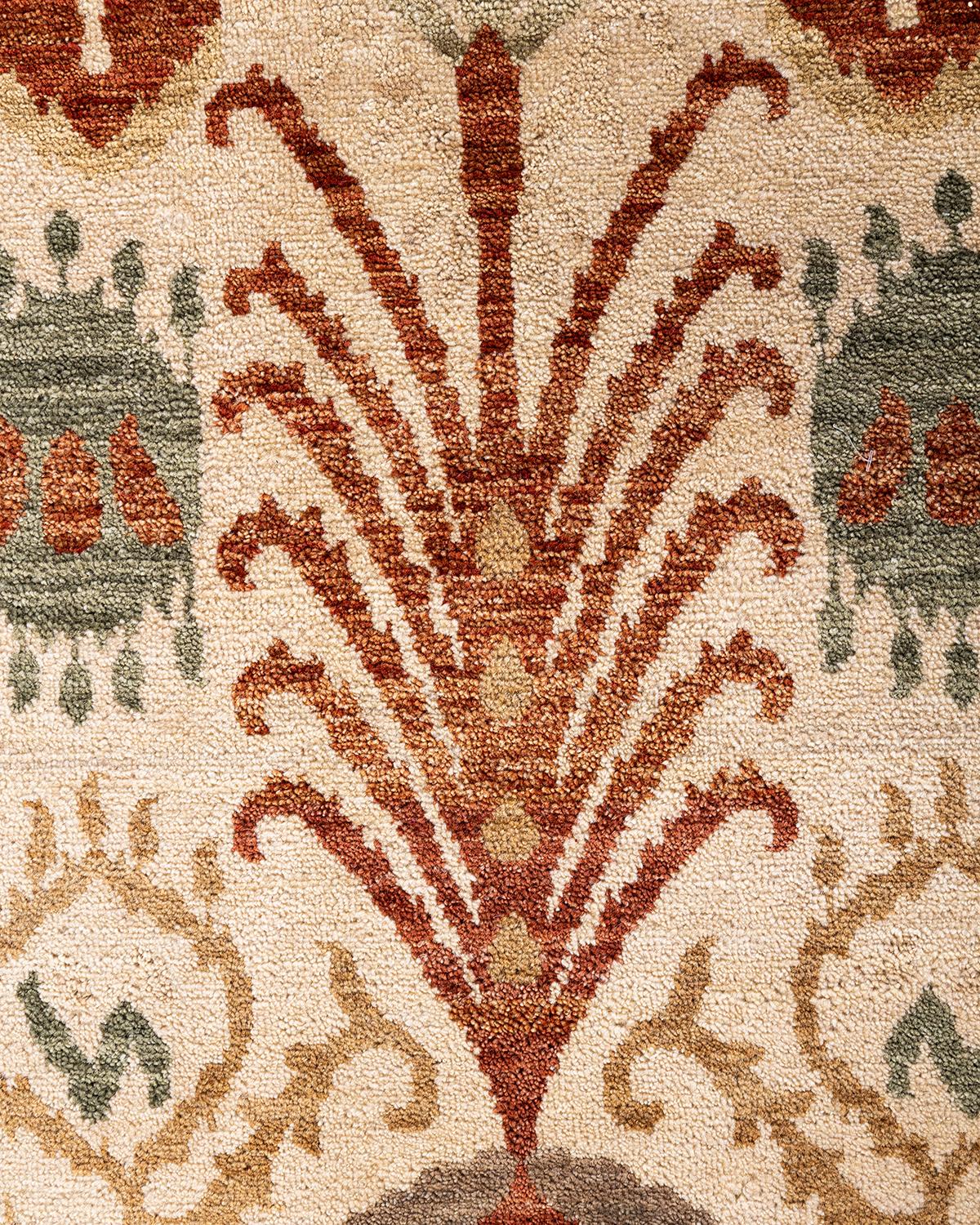 Indien Tapis traditionnel Ikat beige à motifs floraux noués à la main 7' 10