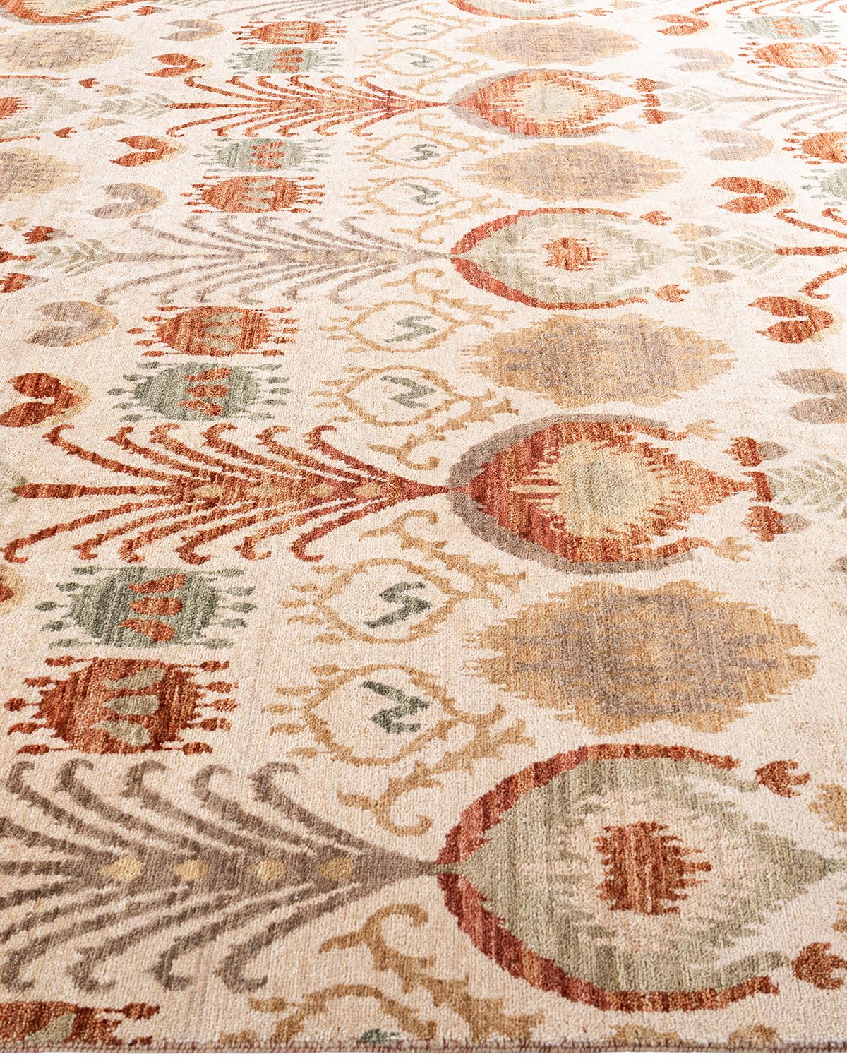 Noué à la main Tapis traditionnel Ikat beige à motifs floraux noués à la main 7' 10
