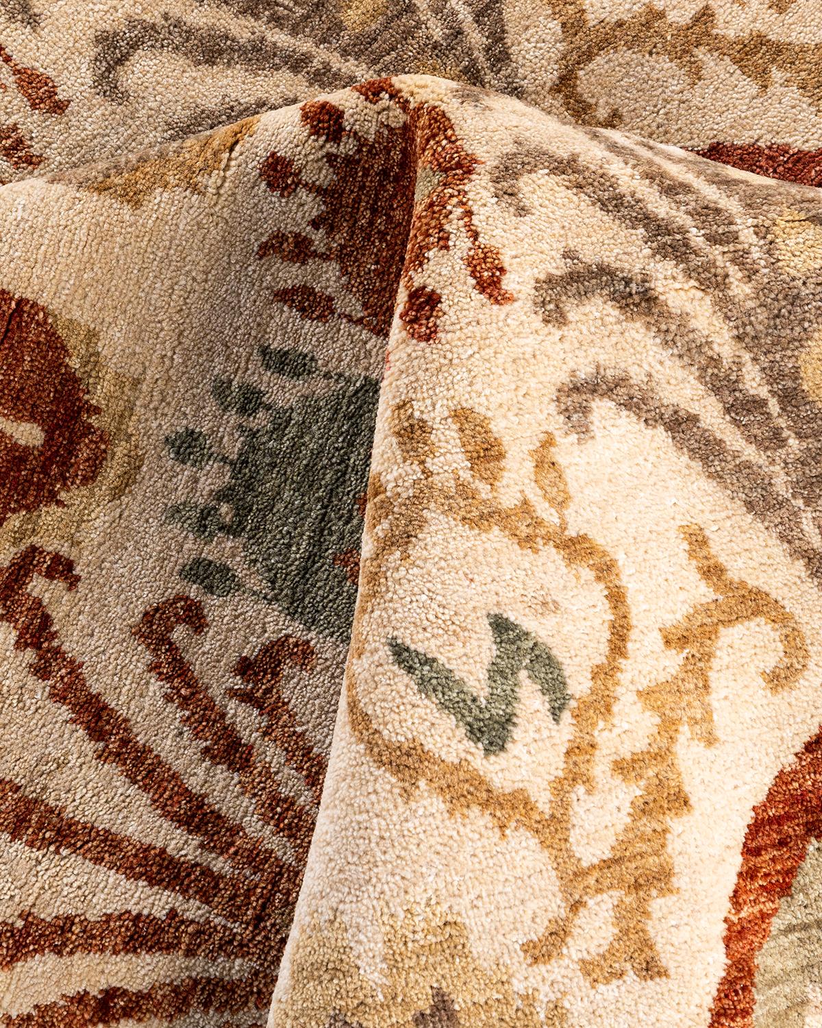 Laine Tapis traditionnel Ikat beige à motifs floraux noués à la main 7' 10