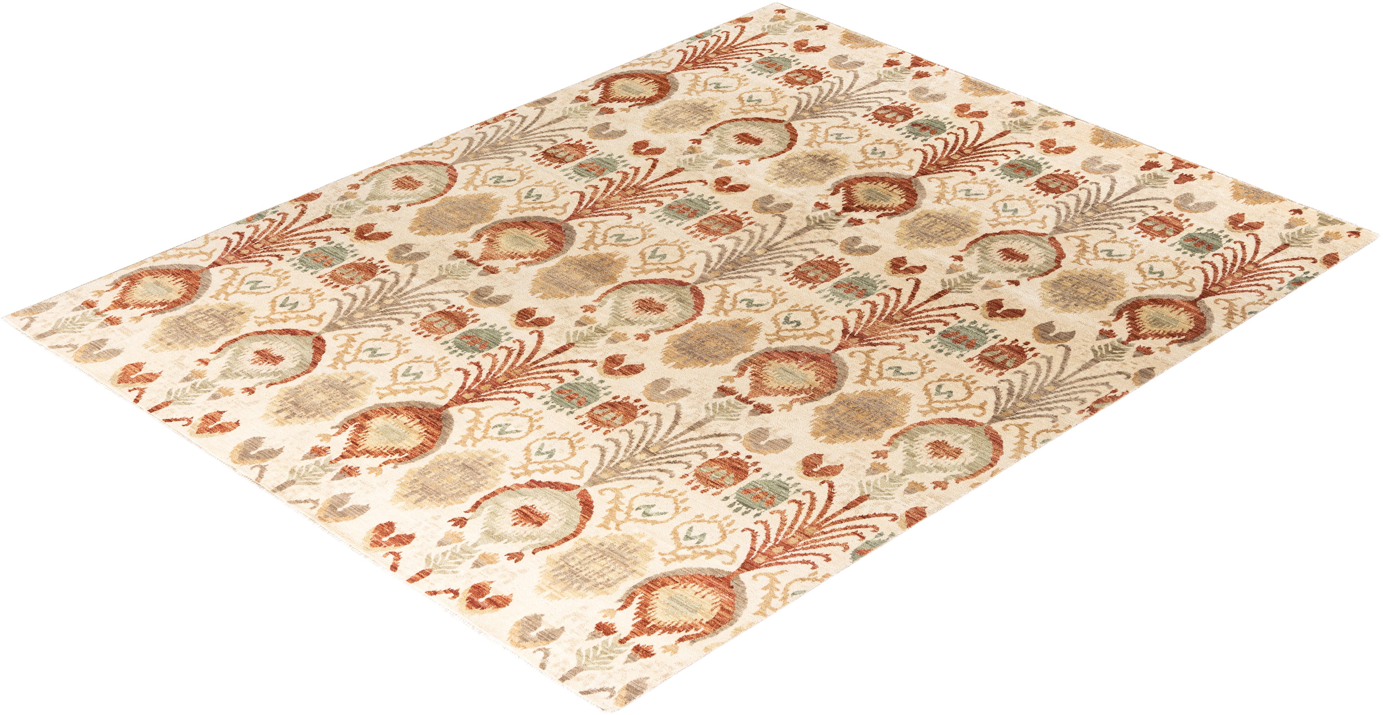 Tapis traditionnel Ikat beige à motifs floraux noués à la main 7' 10