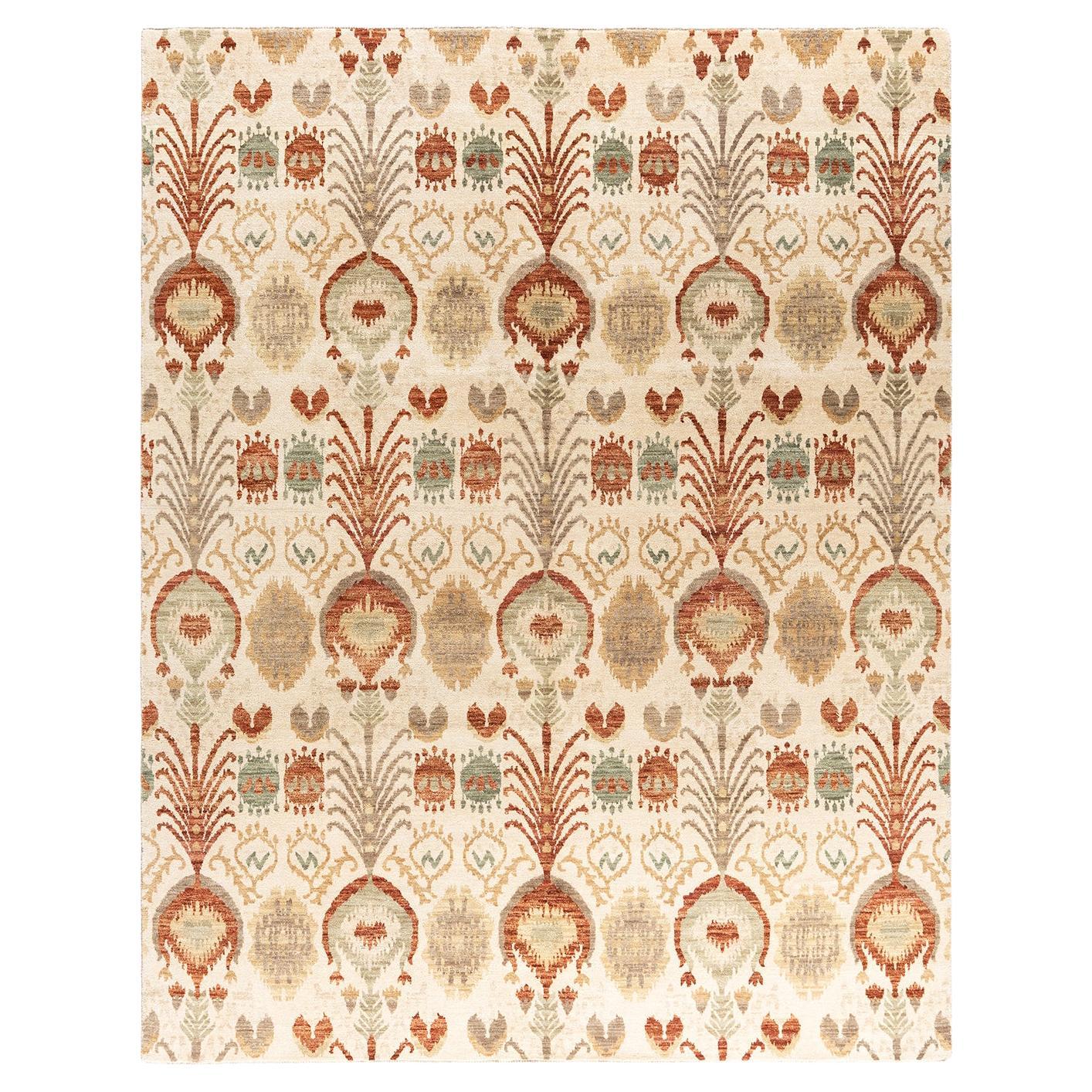 Traditional Ikat Hand Knotted Floral Wool Beige Area Rug 7' 10" x 10' 1"