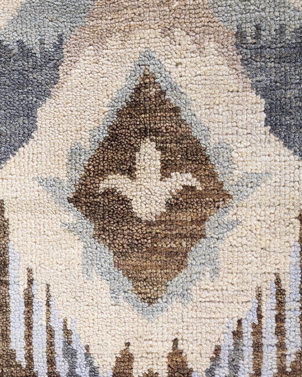 Indian Traditional Ikat Hand Knotted Floral Wool Beige Area Rug 8' 0