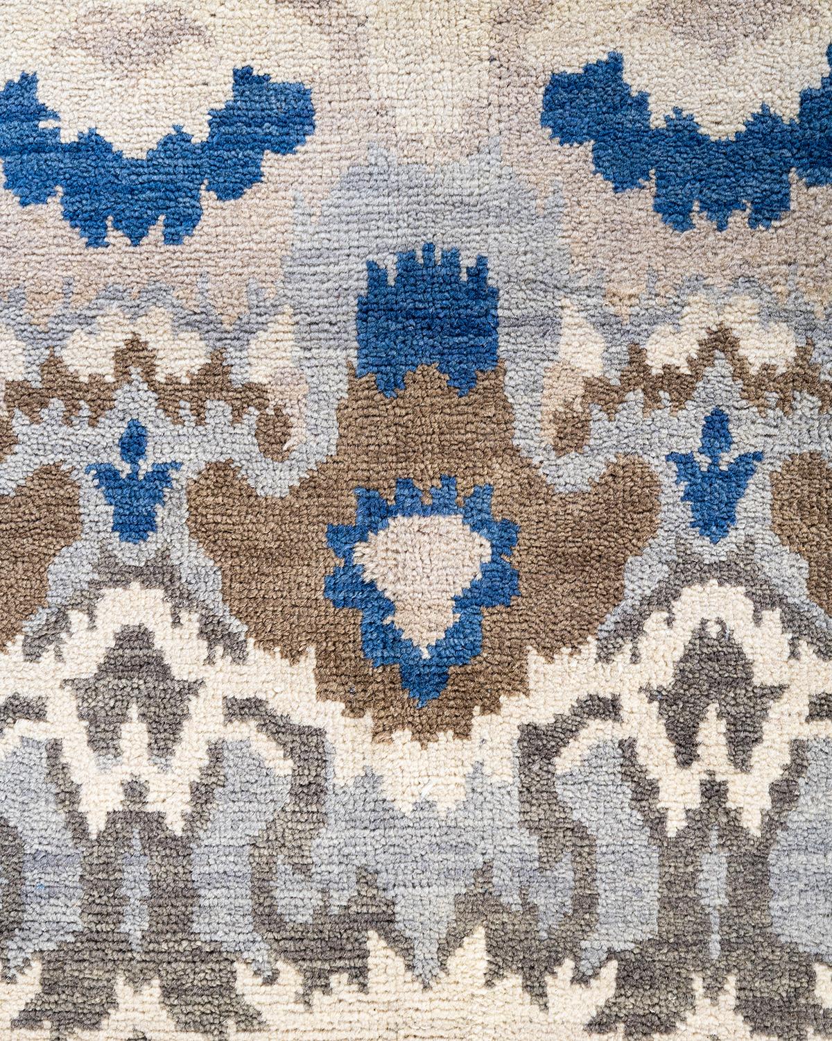 Indian Traditional Ikat Hand Knotted Floral Wool Beige Area Rug 8' 0