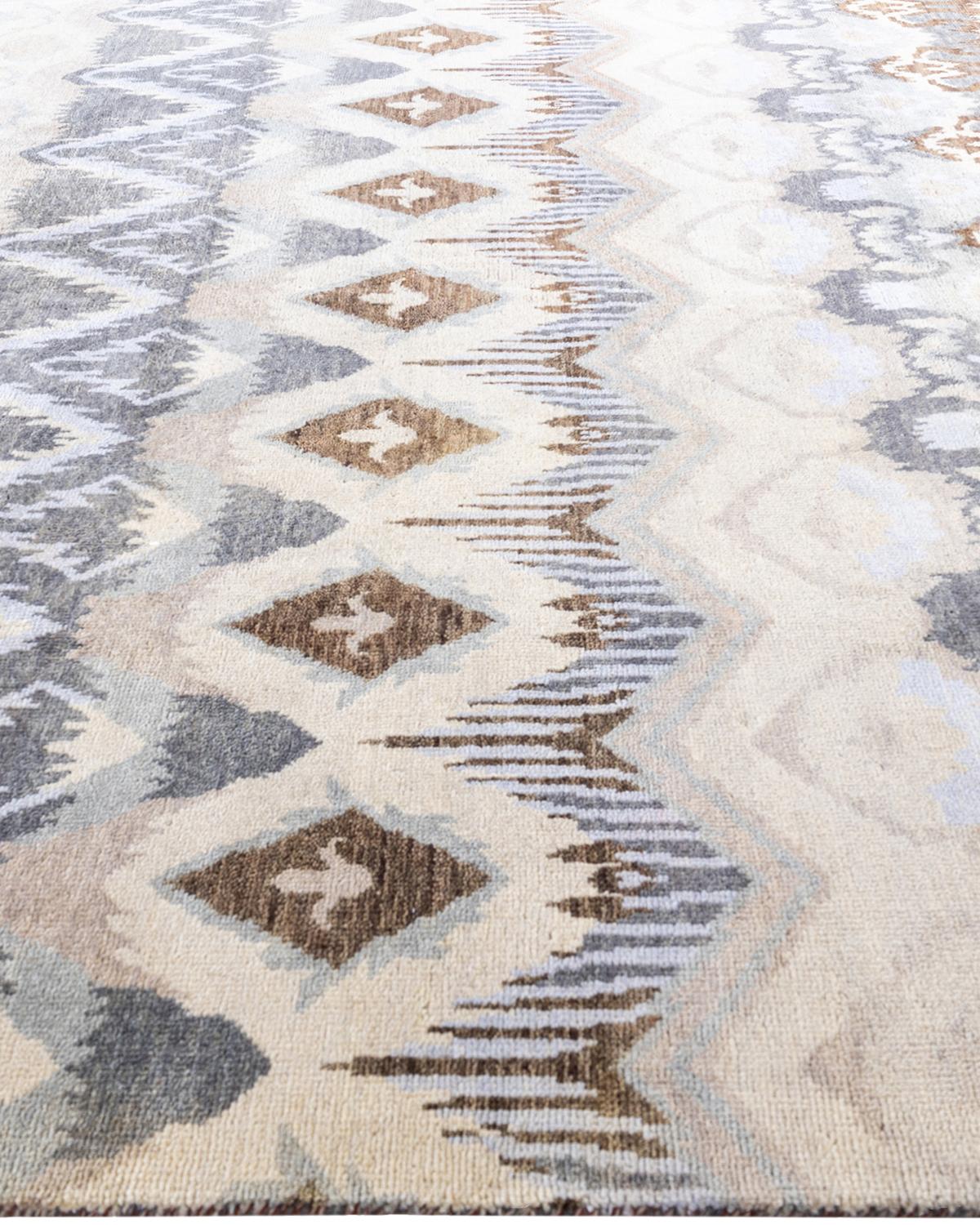Hand-Knotted Traditional Ikat Hand Knotted Floral Wool Beige Area Rug 8' 0