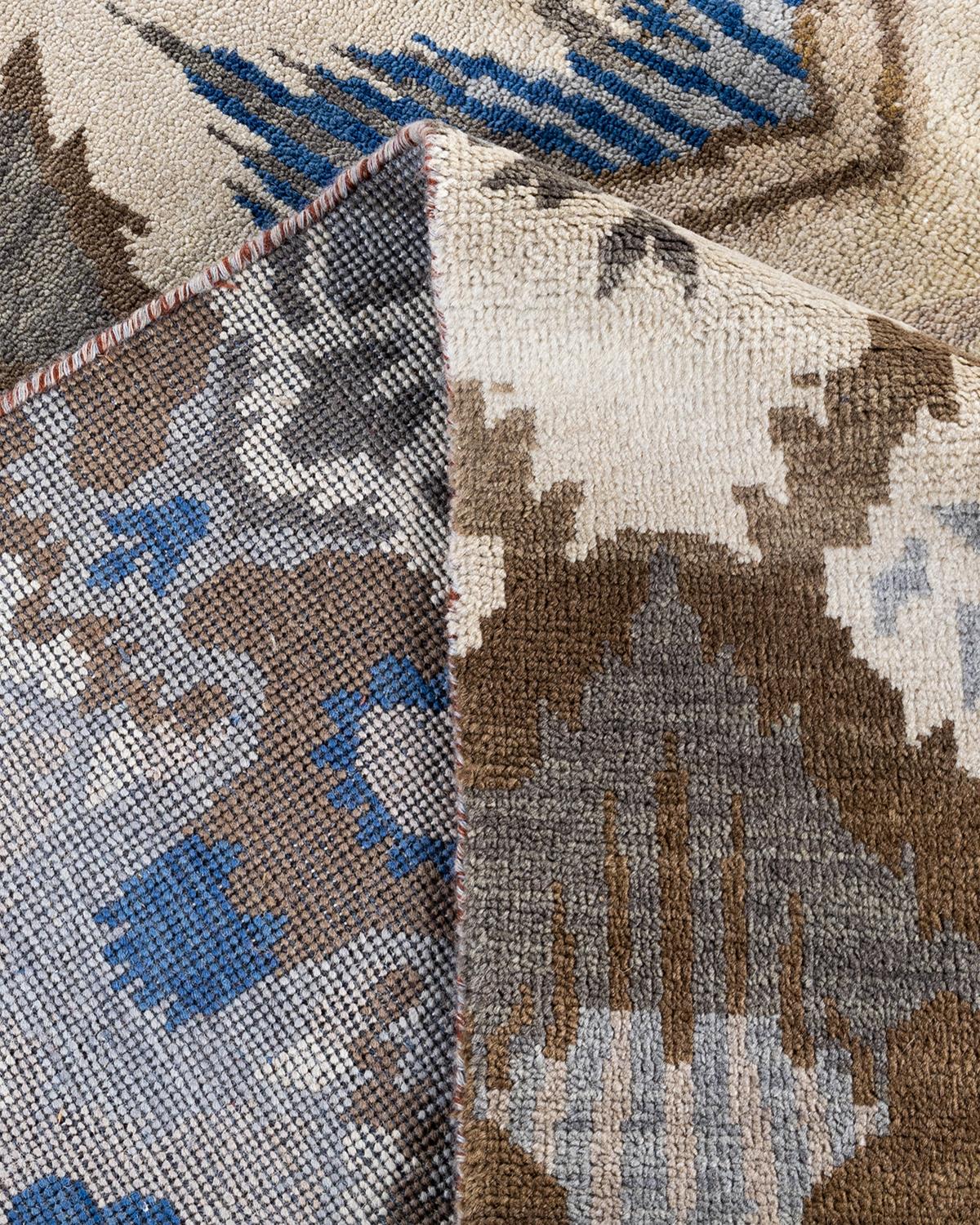 Contemporary Traditional Ikat Hand Knotted Floral Wool Beige Area Rug 8' 0