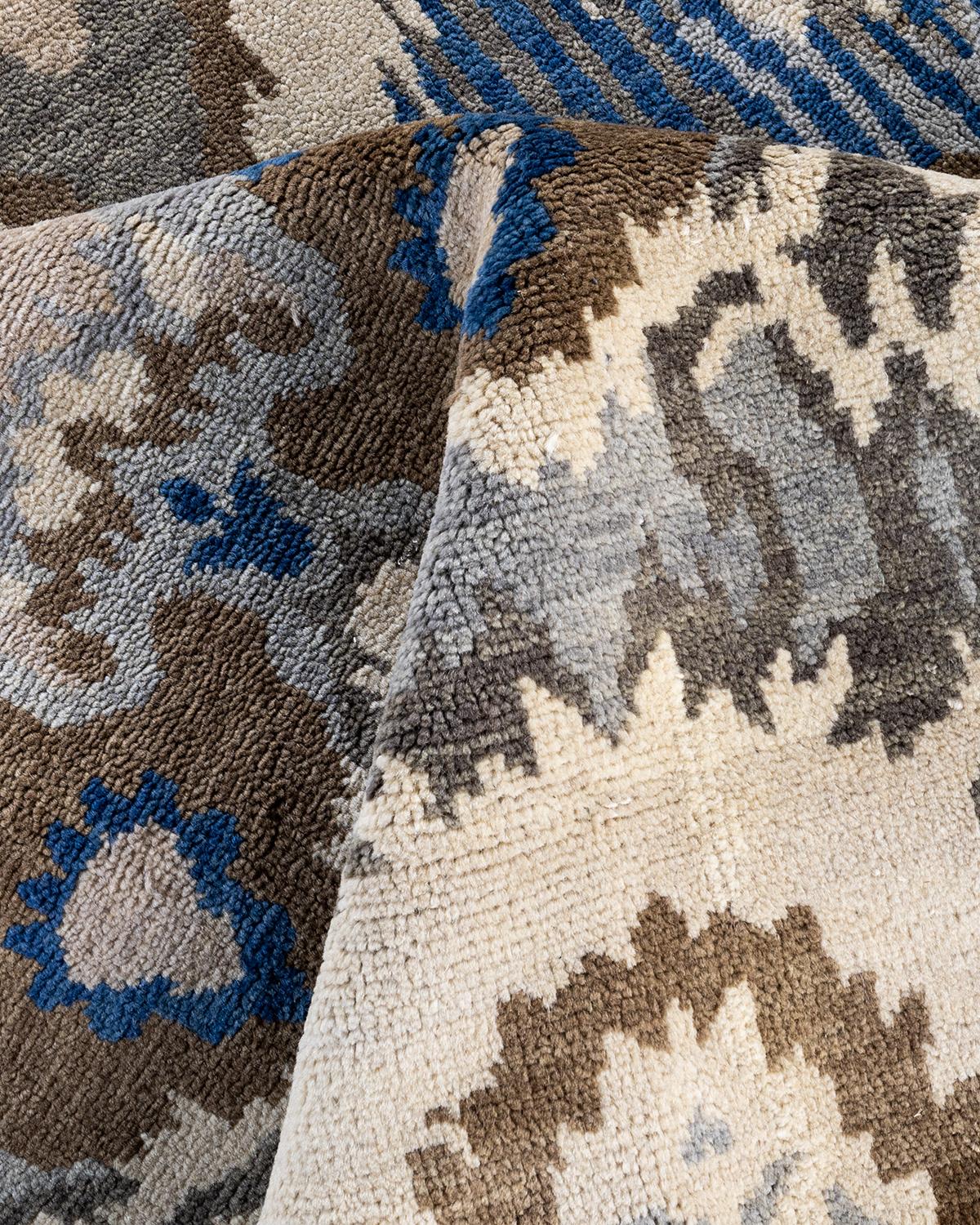 Traditional Ikat Hand Knotted Floral Wool Beige Area Rug 8' 0