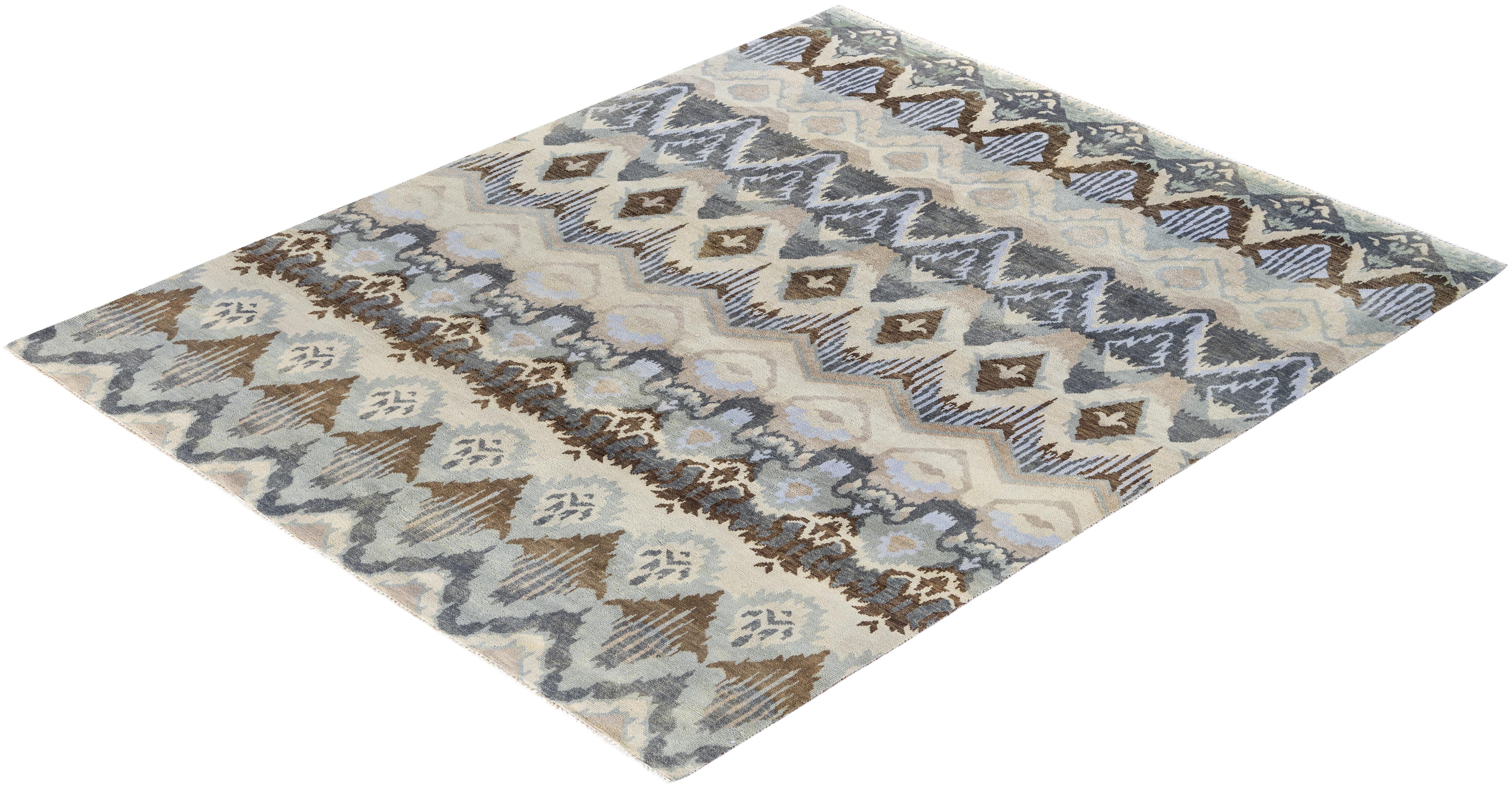 Traditional Ikat Hand Knotted Floral Wool Beige Area Rug 8' 0