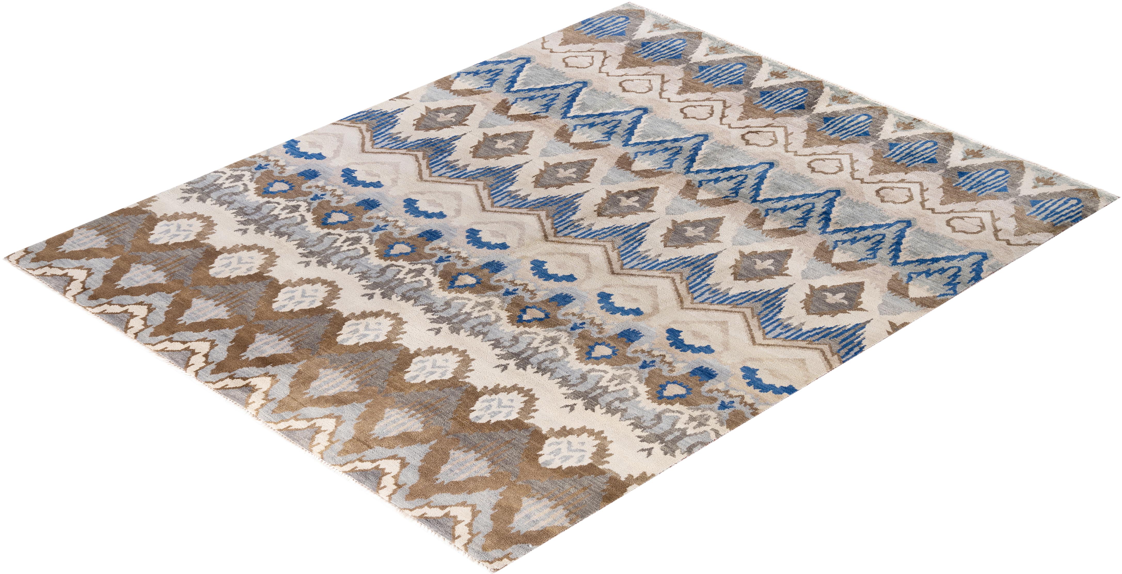 Traditional Ikat Hand Knotted Floral Wool Beige Area Rug 8' 0