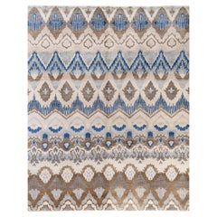Traditioneller handgeknüpfter, geblümter Ikat-Teppich aus Wolle in Beige, 8' 0" x 9' 10"