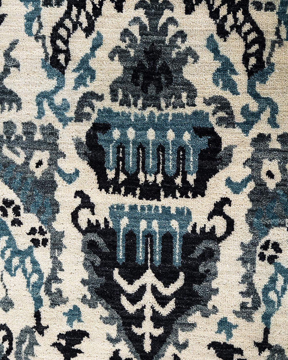 Indian Traditional Ikat Hand Knotted Floral Wool Beige Area Rug 8' 1