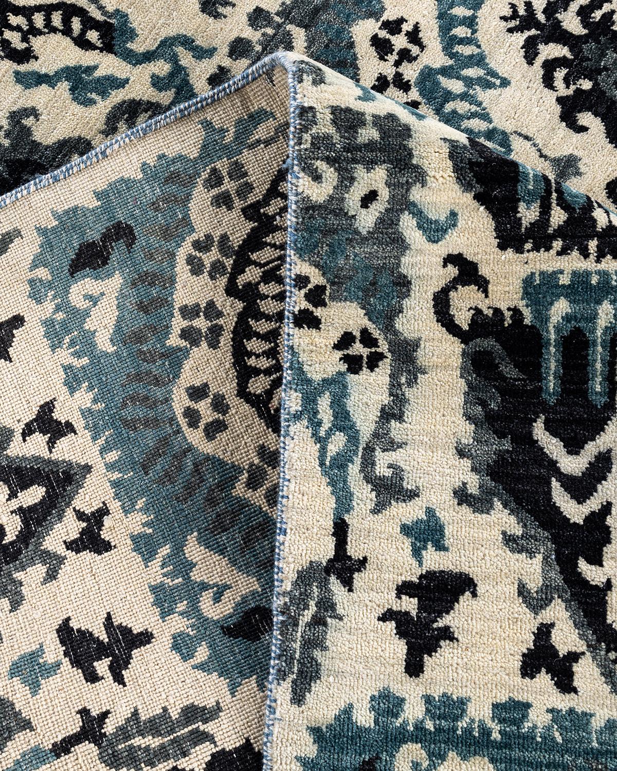 Contemporary Traditional Ikat Hand Knotted Floral Wool Beige Area Rug 8' 1