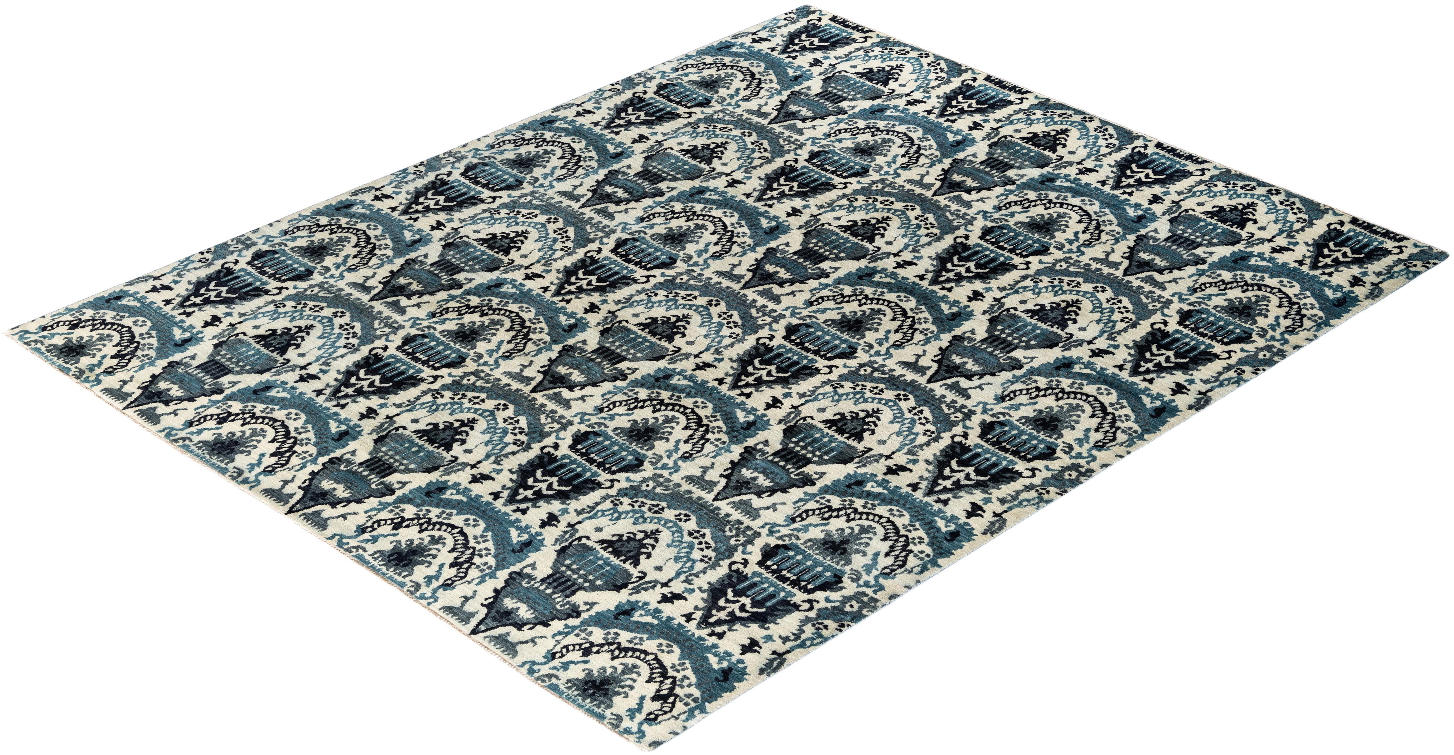 Traditional Ikat Hand Knotted Floral Wool Beige Area Rug 8' 1