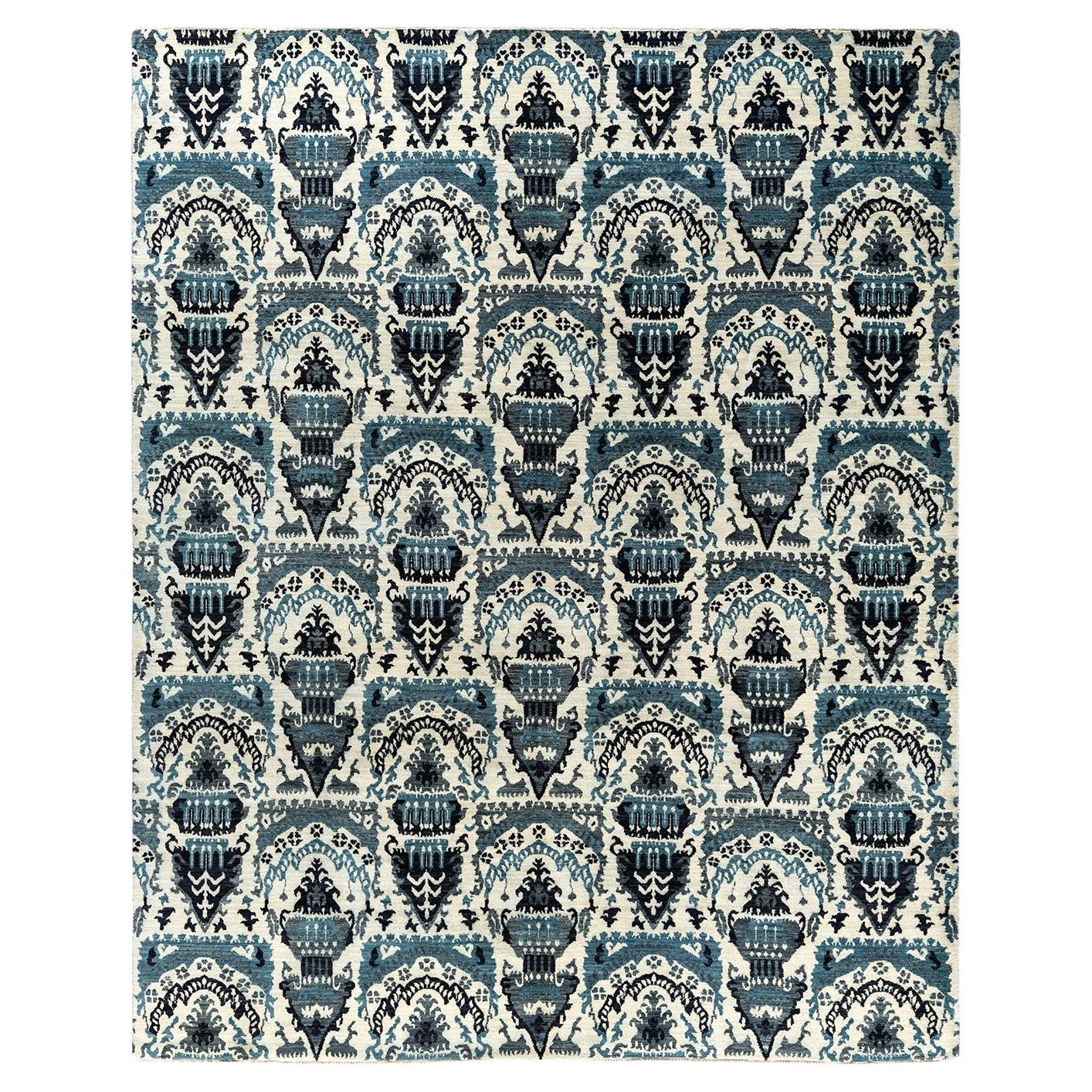 Traditional Ikat Hand Knotted Floral Wool Beige Area Rug 8' 1" x 10' 1" For Sale